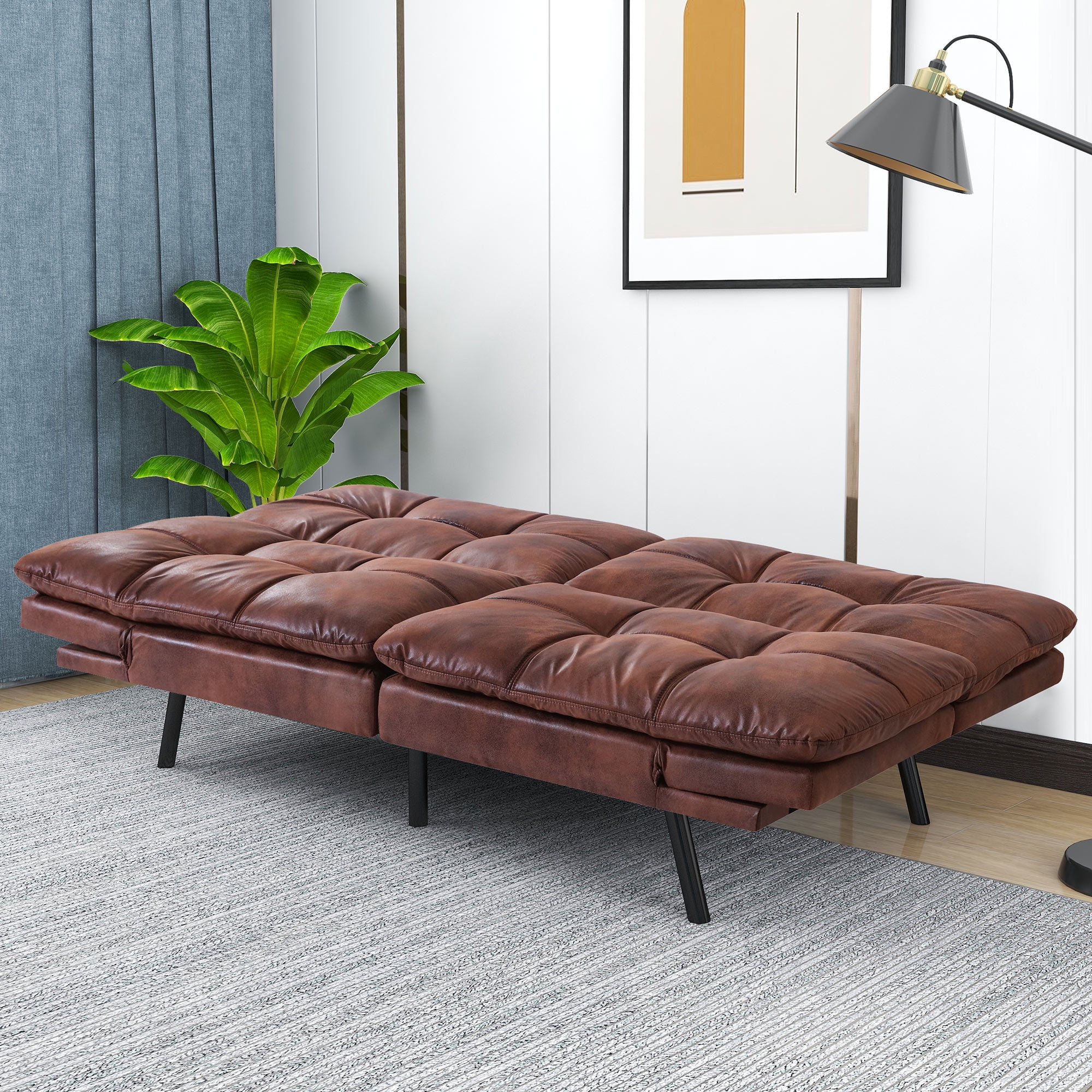 Airdown Sofa, with Armrests And Metal Legs, Convertible Futon Sofa Bed, Brown