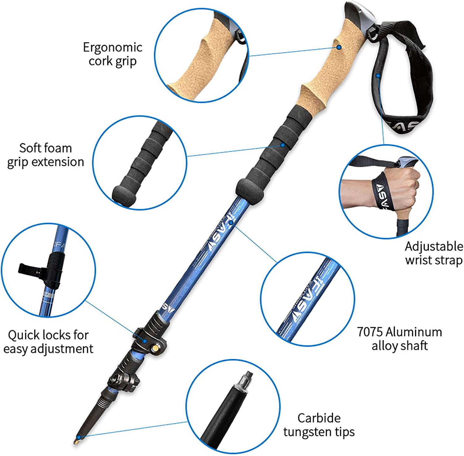 IFAST Lightweight Hiking Trekking Poles - 2 Pack Aluminum Adjustable Collapsible Hiking Climbing Stick Anti-shock and Quick Lock System Hiking Gear with Cork Grip & Padded Strap (26''-54