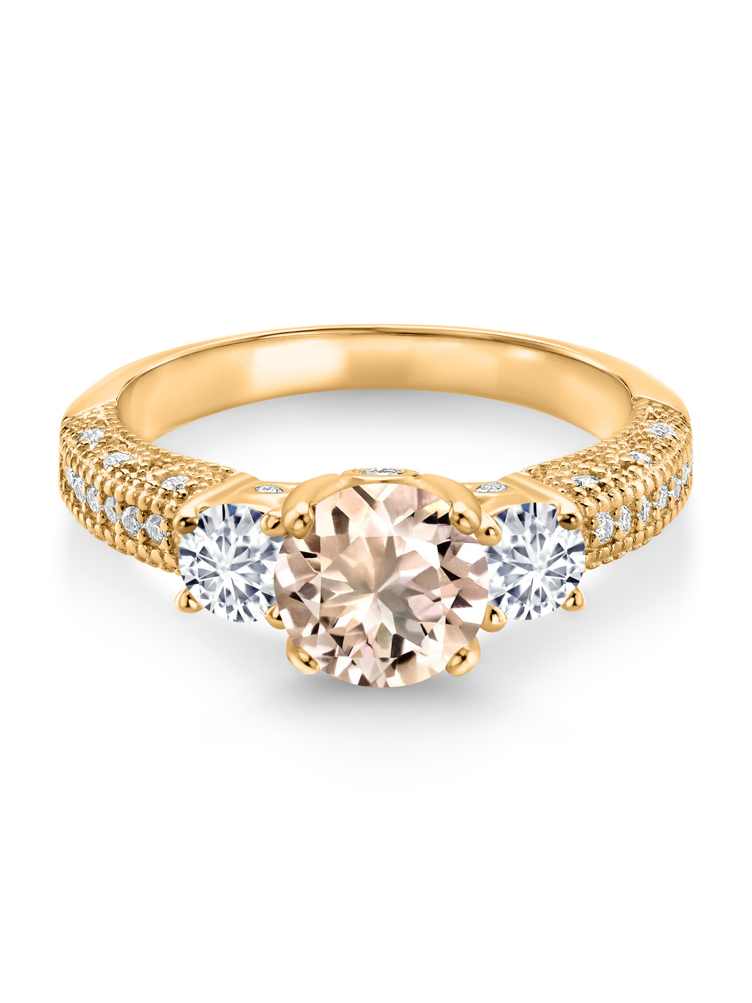 Gem Stone King 18K Yellow Gold Plated Silver Peach Morganite White Lab Grown Diamond and White Moissanite Engagement Ring For Women (1.77 Cttw, Gemstone October Birthstone, Round 7MM and 4MM)