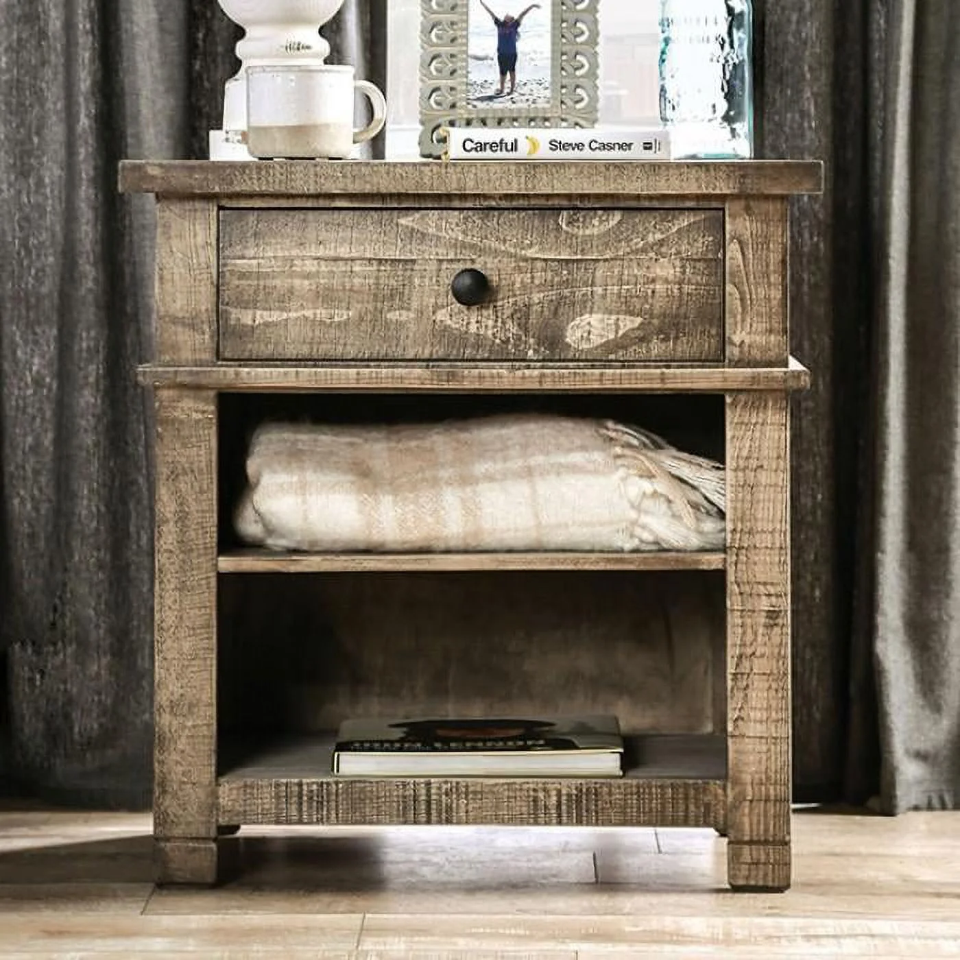 Rustic Ash Brown Solid Wood Queen Bedroom Set 3pcs FOA EM7071BR Woodburn