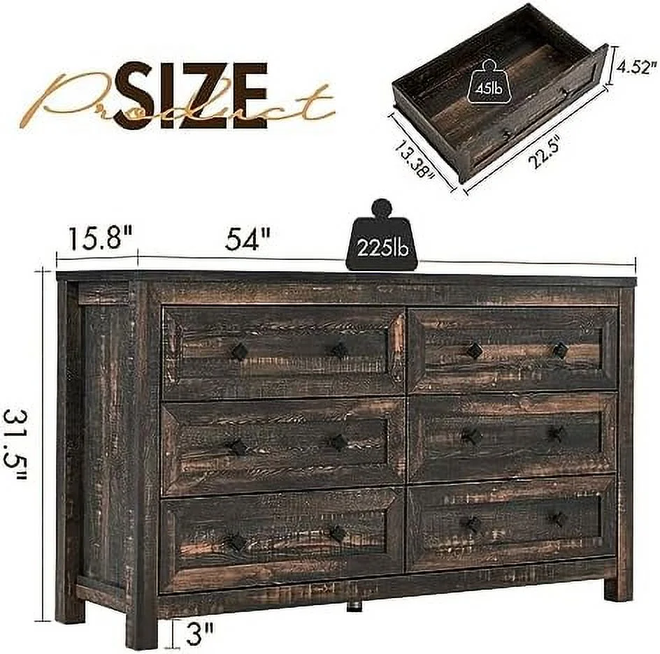 HOOMHIBIU 6 Drawers Dresser for Bedroom  Farmhouse Wood Chest of Drawers with Vintage Grain Texture  Drawer Double Dresser for Bedroom  Living Room  Hallway  Rustic Brown