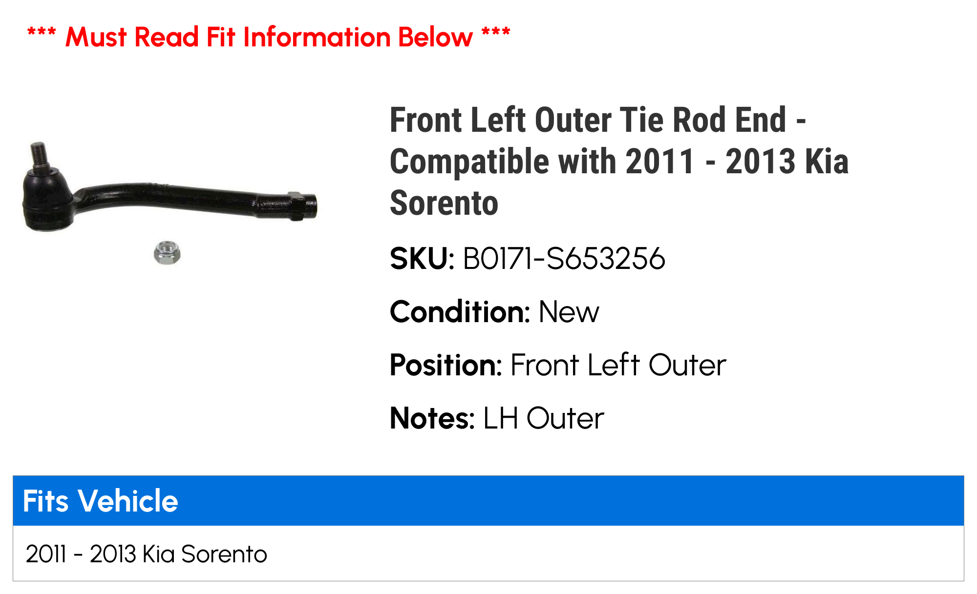 Front Left Outer Tie Rod End - Compatible with 2011 - 2013 Kia Sorento 2012