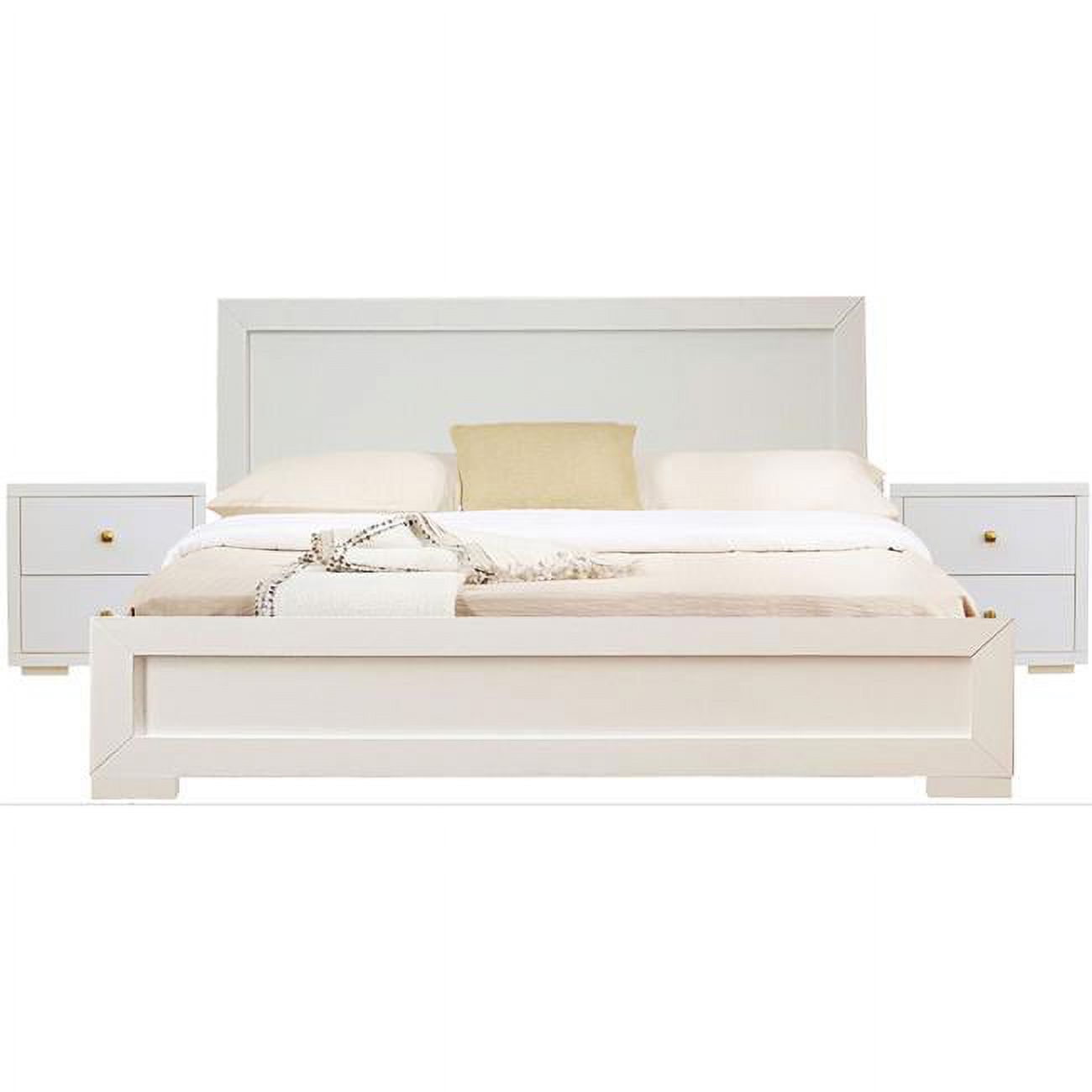 HomeRoots  35.4 x 79.2 x 82.3 in. Moma Wood Platform Bed with Two Nightstands, White - King Size