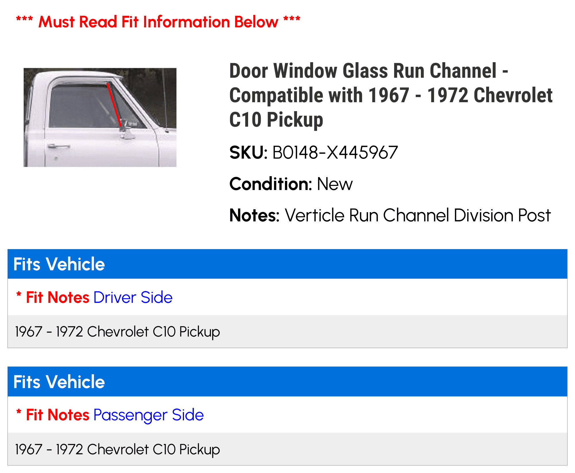 Door Window Glass Run Channel - Compatible with 1967 - 1972 Chevy C10 Pickup 1968 1969 1970 1971