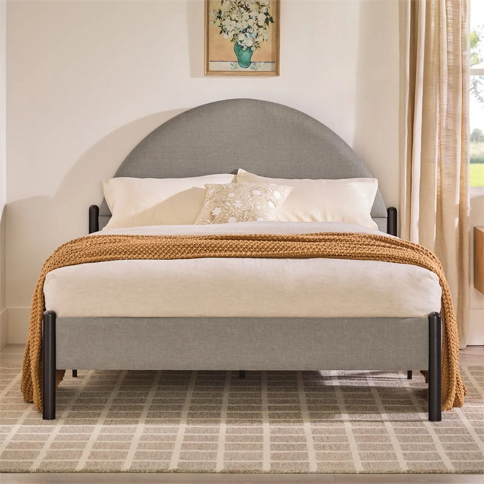 Pemberly Row Upholstered Metal Queen Bed with Arched Headboard in Gray