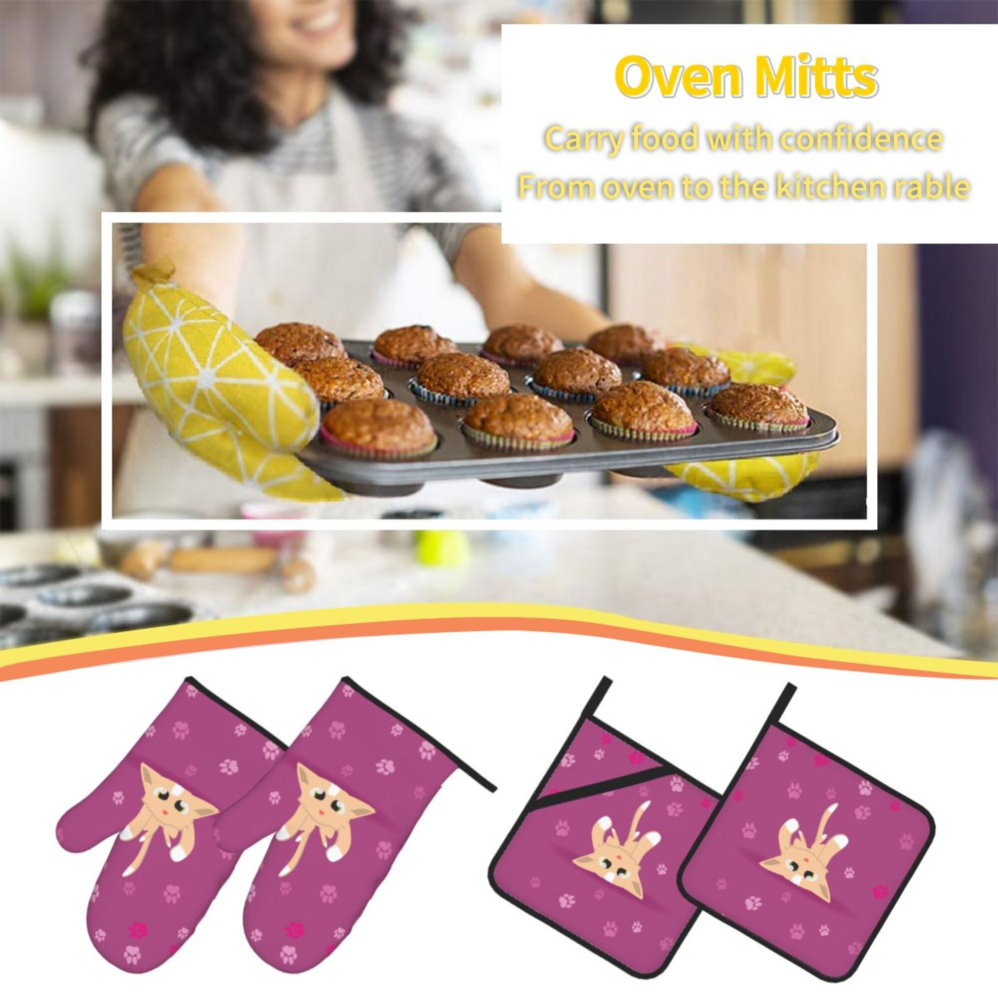 ZICANCN Oven Mitts and Pot Holders Sets,Cartoon Cat Cute Kitten Baking Sets Kitchen Heat Resistant 4 Pieces