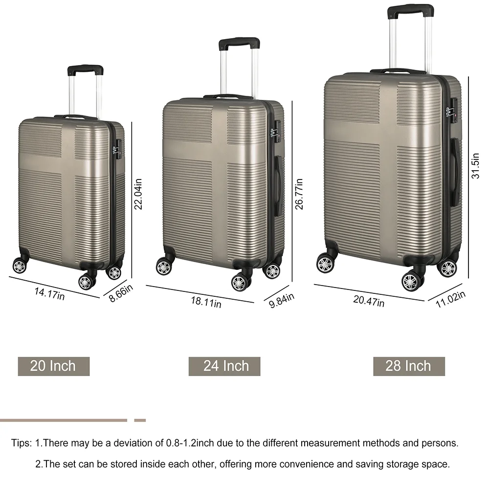 Fangsheng 3 Piece Luggage with TSA Lock ABS, Durable Luggage Set, Lightweight Suitcase with Hooks, Spinner Wheels Cross Stripe Luggage Sets 20in/24in/28in, Champagne