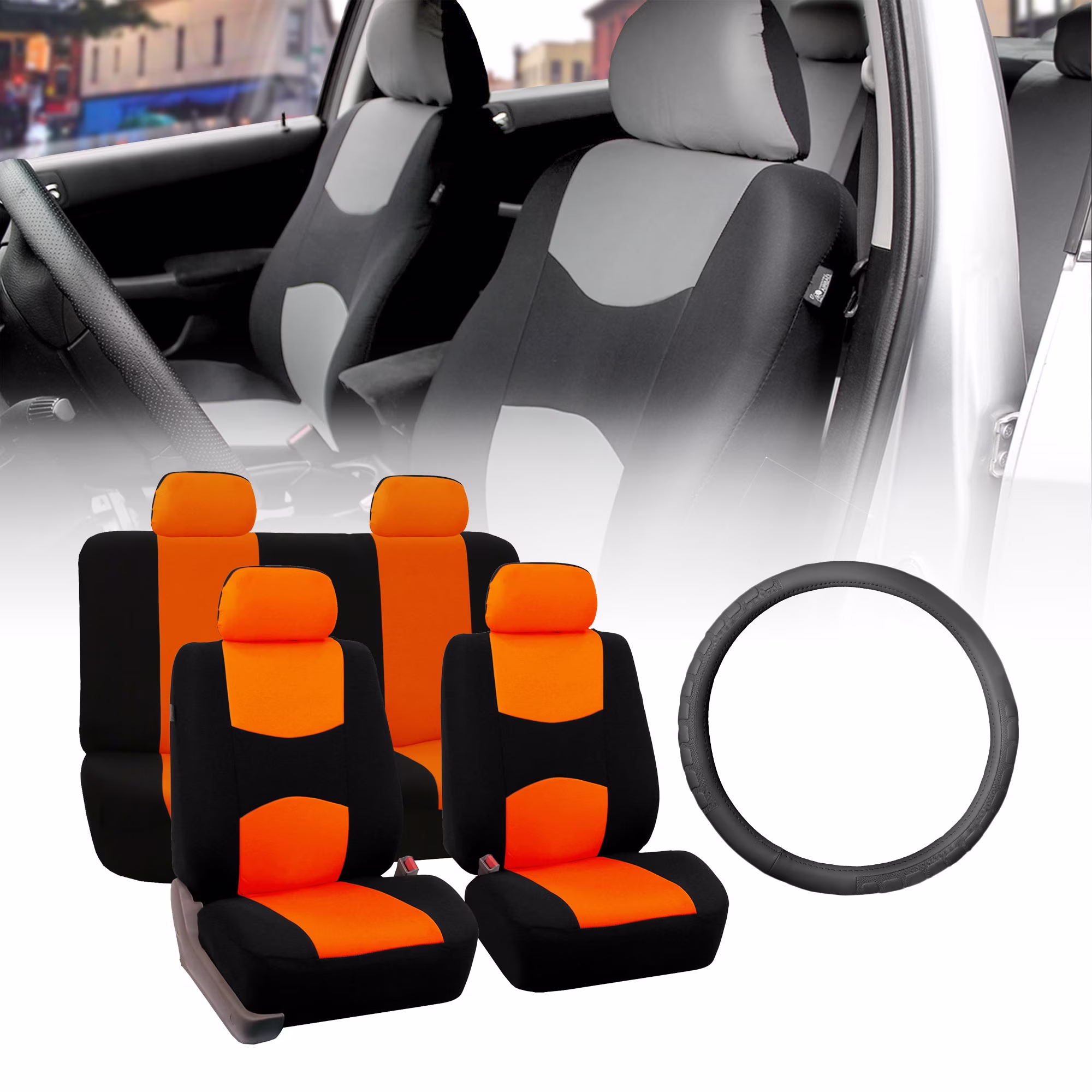 FH Group Flat Cloth Seat Covers for Auto, Full Set with Leather Steering Wheel Cover, Orange Black