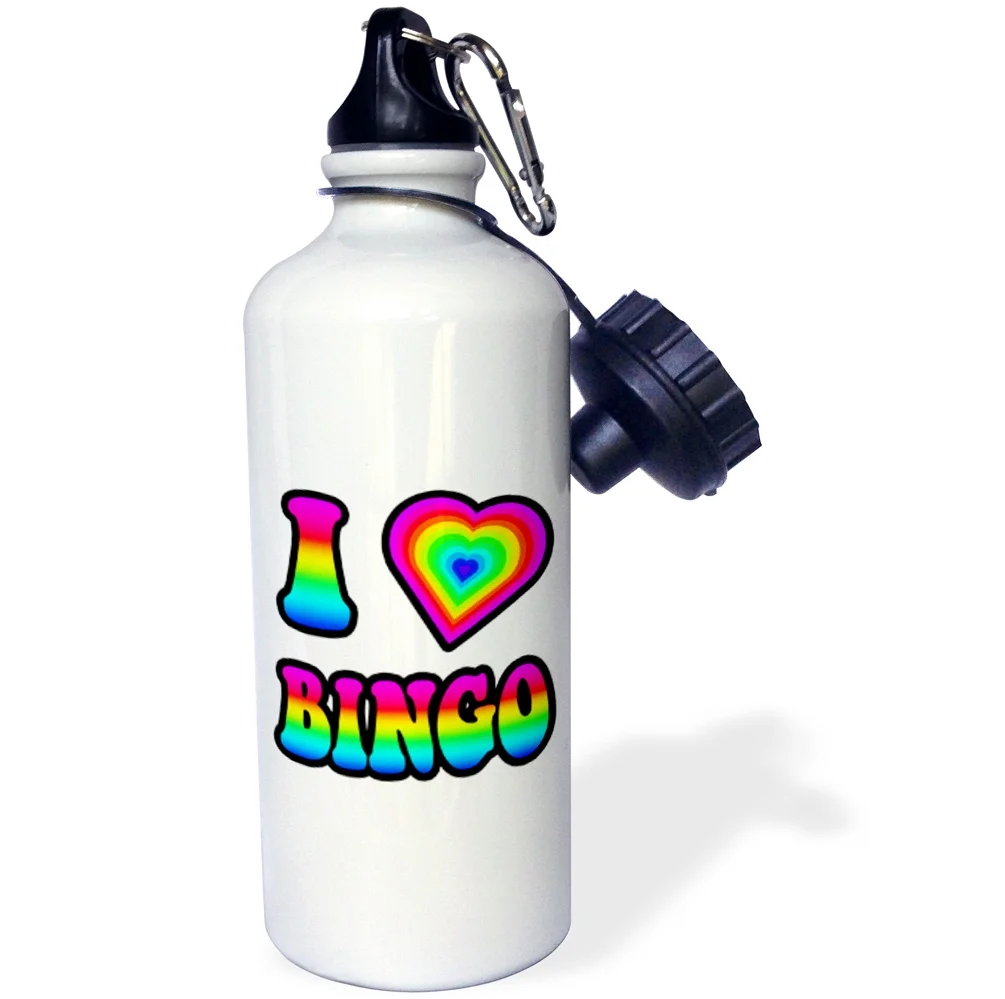 3dRose Groovy Hippie Rainbow I Heart Love Bingo - Water Bottle, 21-ounce