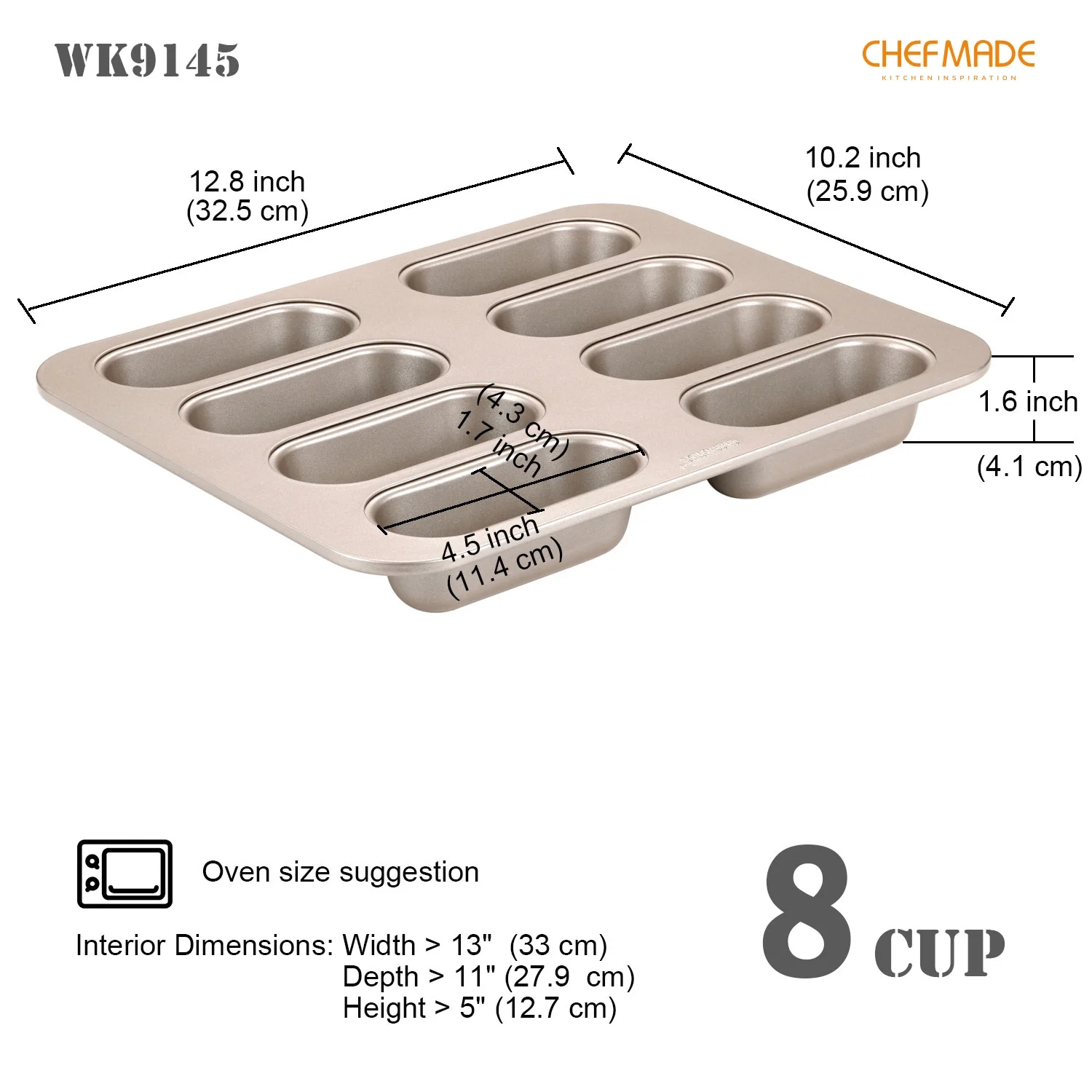 CHEFMADE Twinkie Cake Pan, 8-Cavity Non-Stick Mini Hotdog-Shaped Muffin Eclair Bakeware for Oven Baking (Champagne Gold)