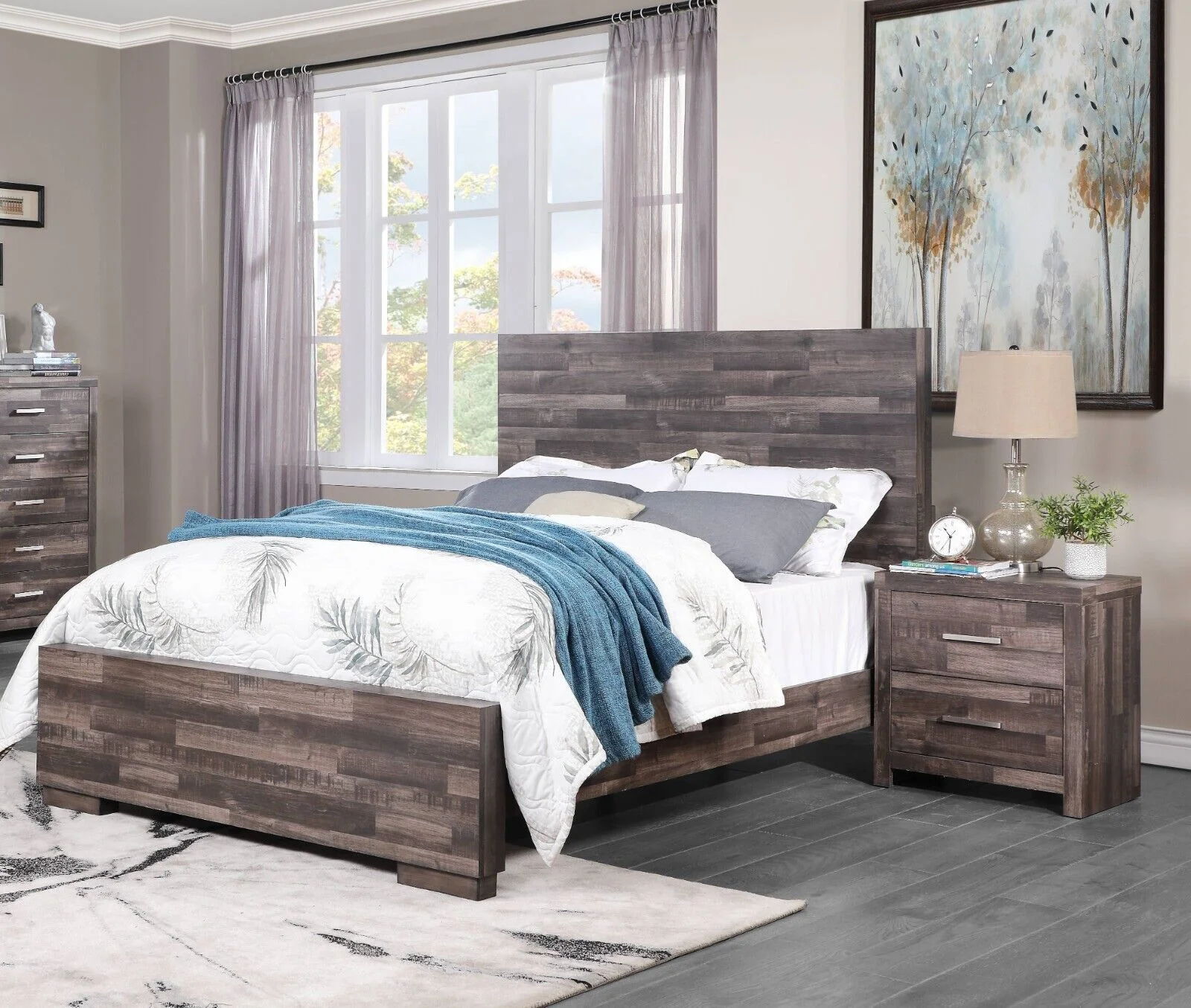 Contemporary 3pc Set Bedroom Furniture Queen Size Panel Bed 2x Nightstands Plank Pattern