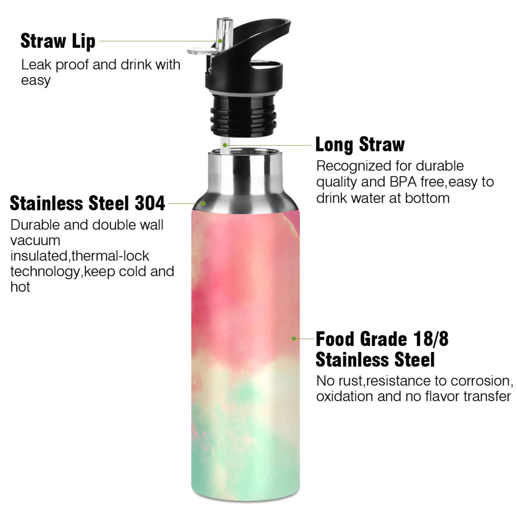 Stainless Steel Water Bottle Red Gradient Tie Dye with Straw Lid Vacuum Insulated Leak Proof Flask Jug for Gym Travel Sports Cycling Outdoor 20 OZ