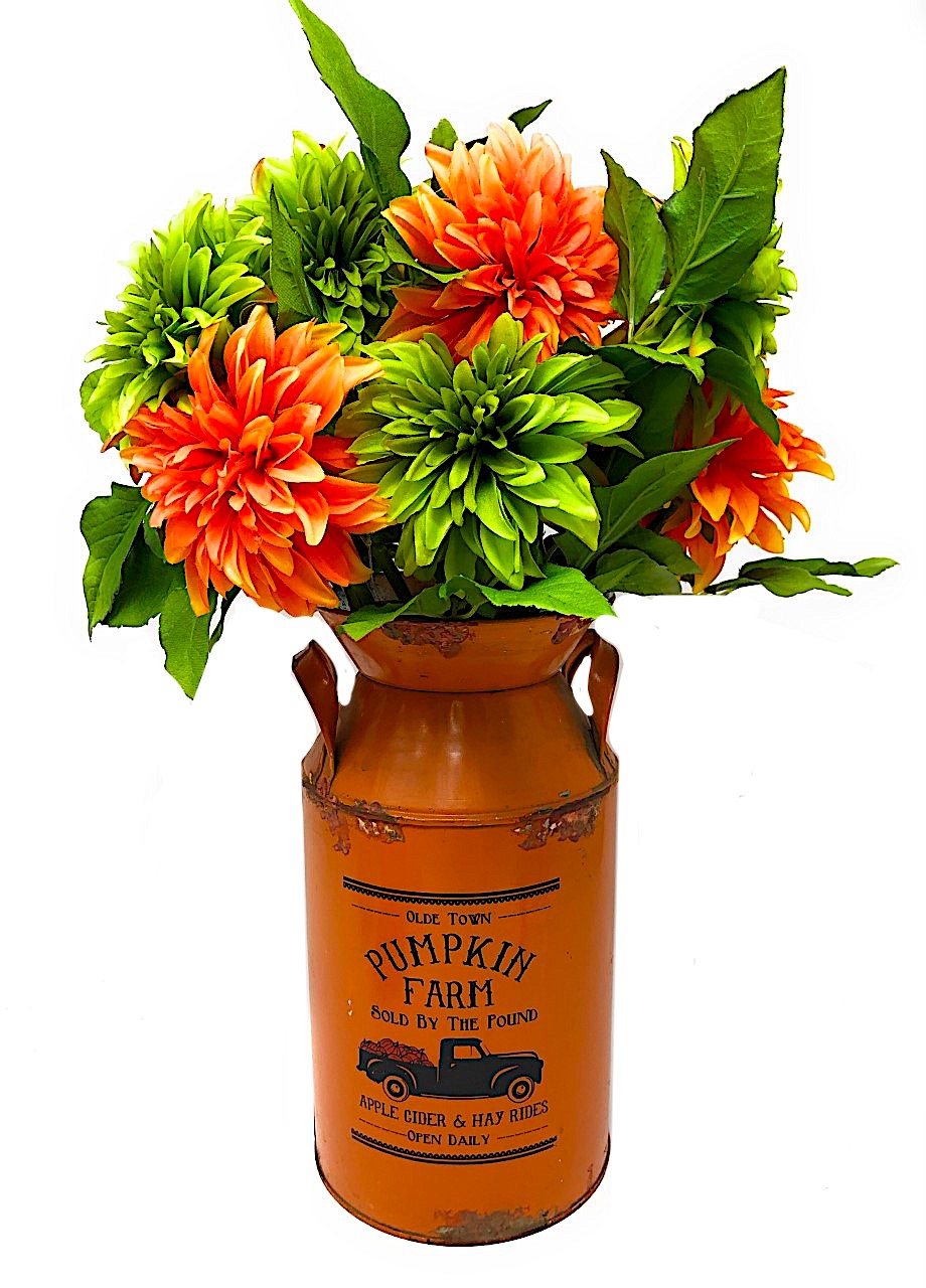 Metal Orange Pumpkin Farm Milk Can Water Jug Vase Vintage Rustic Seasonal Fall Thanksgiving Accessory  9.5