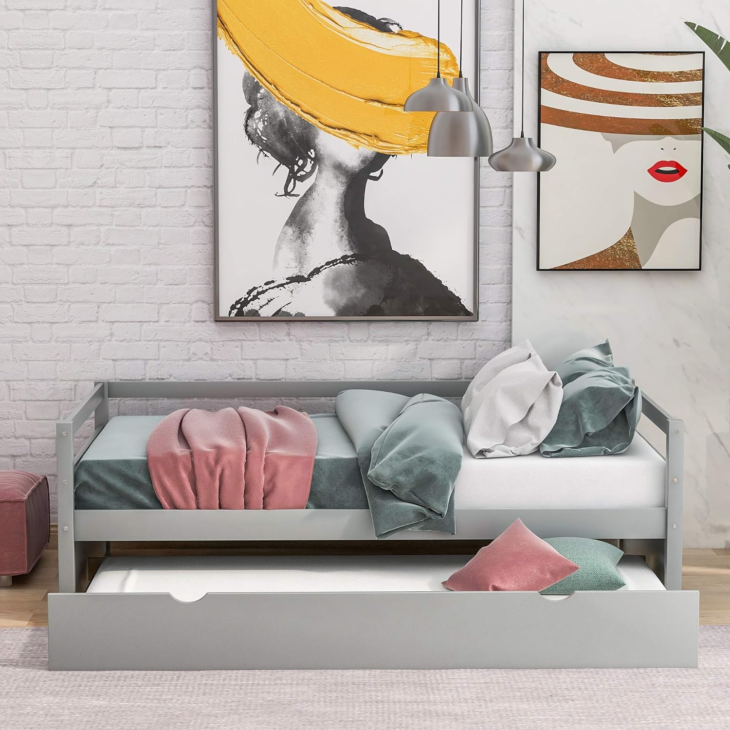 Solid Wood Frame Daybed With Pull Out Trundle, Captains Bed Bed Frame