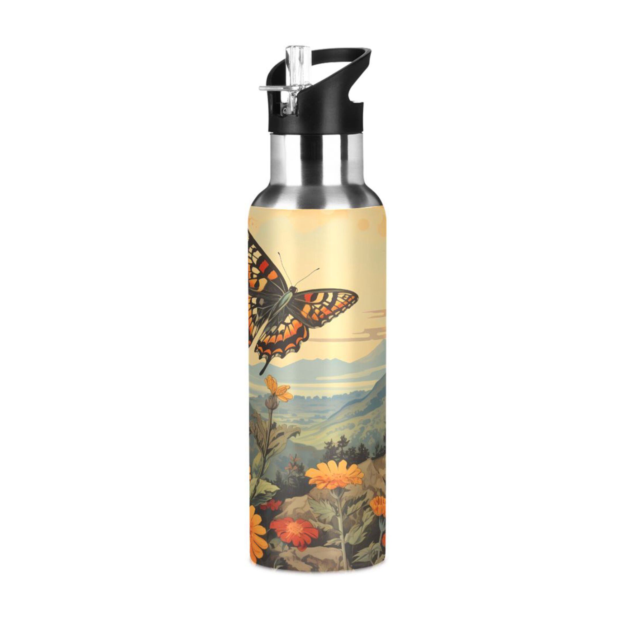 Water Bottle with Straw Lid Leak Butterfly in Sunflowers Stainless Steel Insulated Thermos Vacuum Flask for Cold Hot Drinking for Sports Camping Gym Yoga