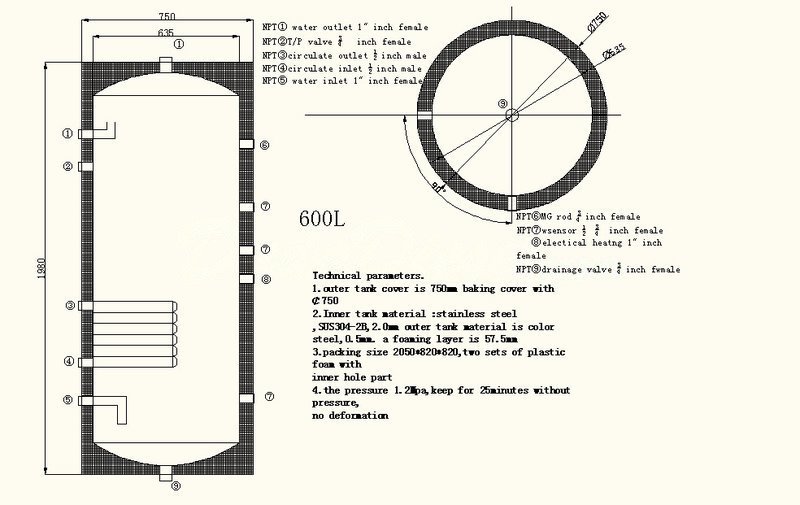 600 Liter 159 Gallon Stainless Steel Solar Hot Water Heater Tank Single Copper Coil Heat Exchanger