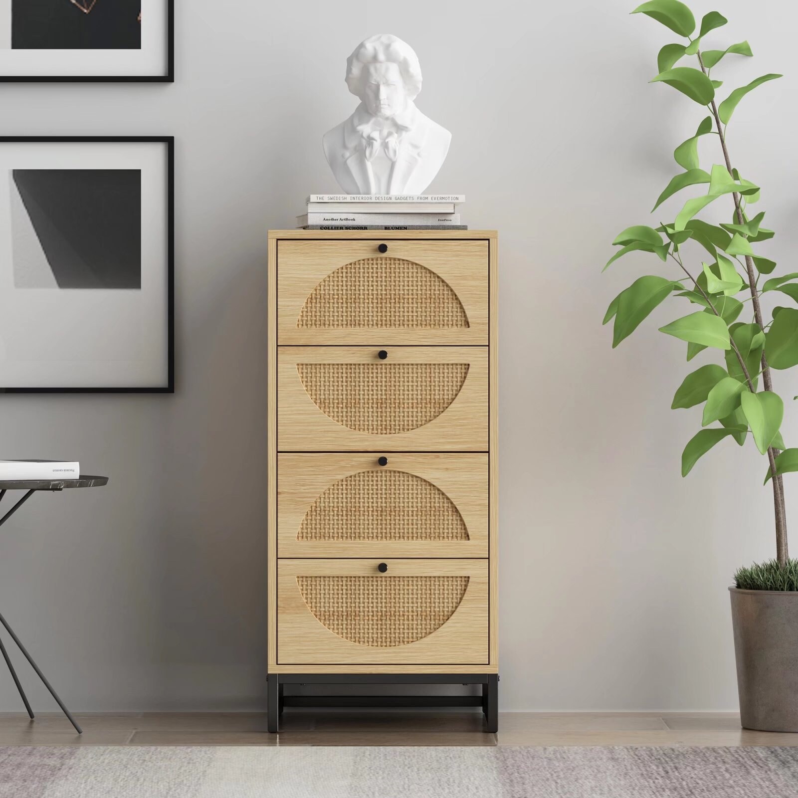 Mieres 4 Drawer Classic Cabinet with Rattan Element Standing Cabinet with Metal Base for Study, Living Room, Bedroom - N/A Natural/Size-18.9