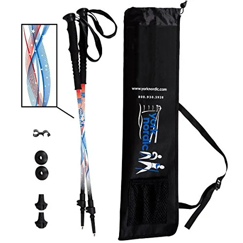 York Nordic Stars & Stripes Walking Poles - Red, White Blue Design - Choice Grips - 2 Poles, Tips & Bag