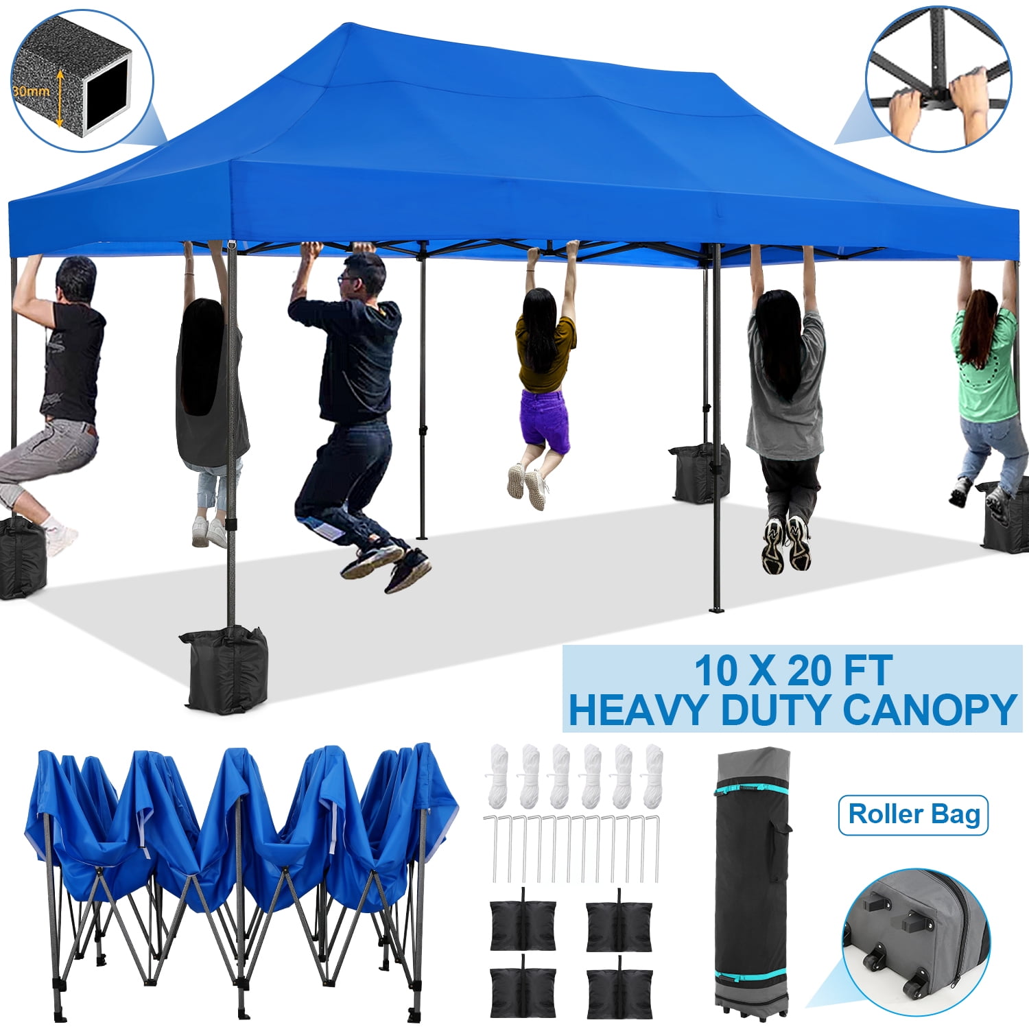 10 x 20 FT Outdoor Pop Up Canopy, Waterproof Folding Instant Beach Tent, Heavy Duty Commercial Wedding Party Tent 4 Sandbags, Rolling Bags for Easy Carrying, Blue