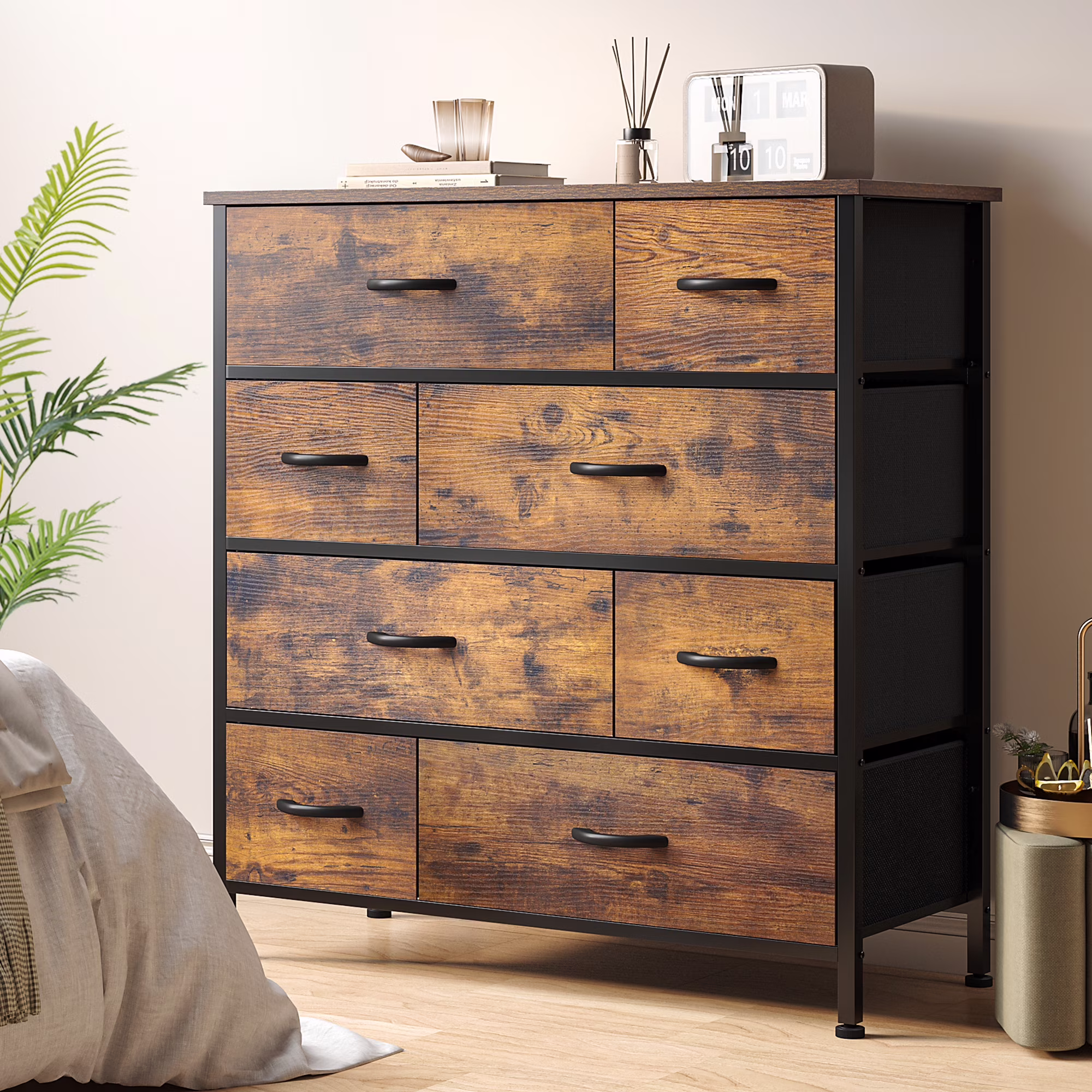 EnHomee Storage Dressers for Bedroom Fabric Dresser with 8 Drawer Tall Dresser Chest of Drawers Wood Dresser Organizer for Bedroom Industrial Modern Dresser for Closet, Rustic Brown DIY Layout