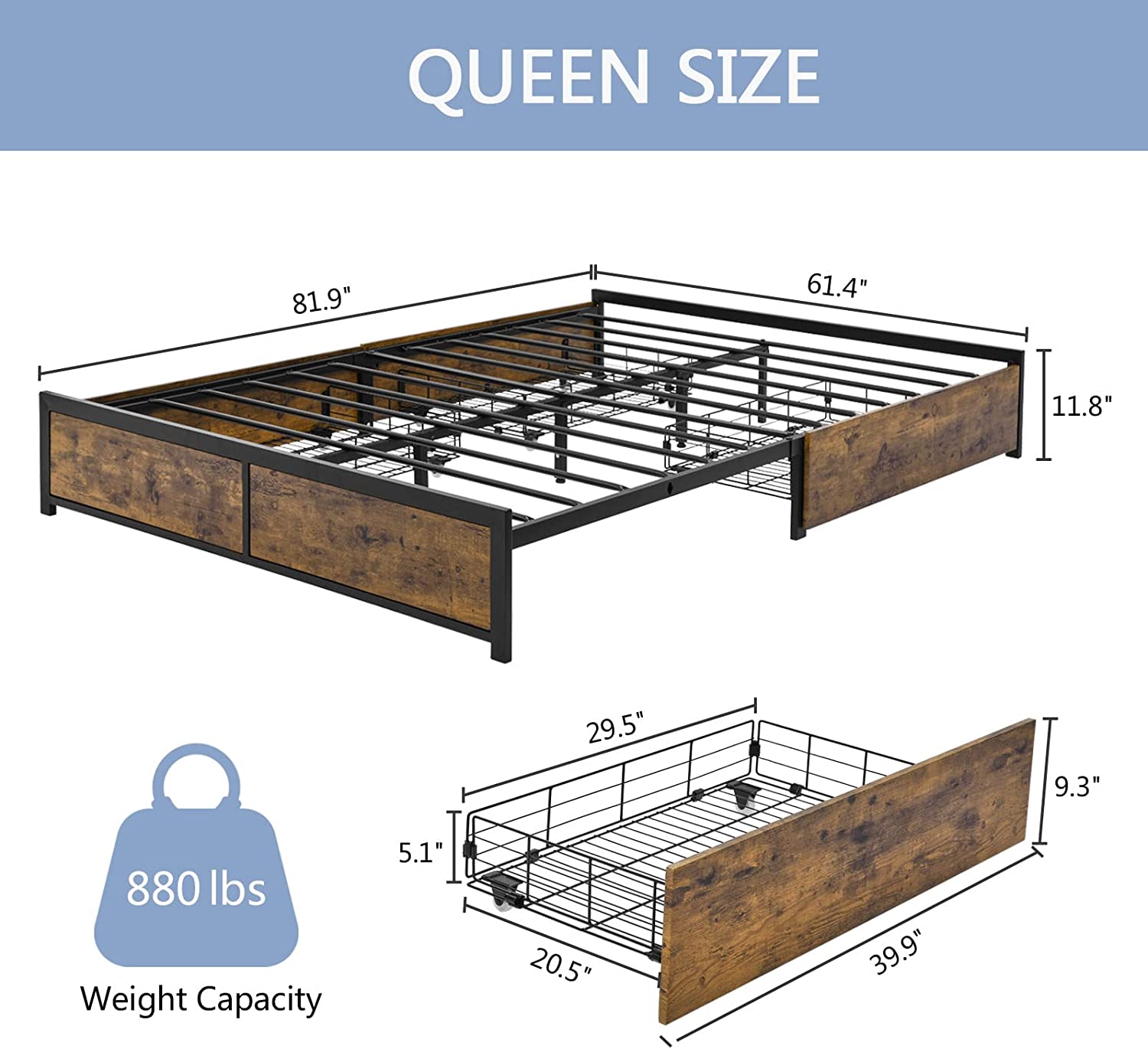 Bed Frame with 4 Storage Drawers  Metal Platform Bed Frame King with Double-Row Support Bars and 13 Strong Steel Slats  Noise Free No Box Spring Needed Easy Assembly