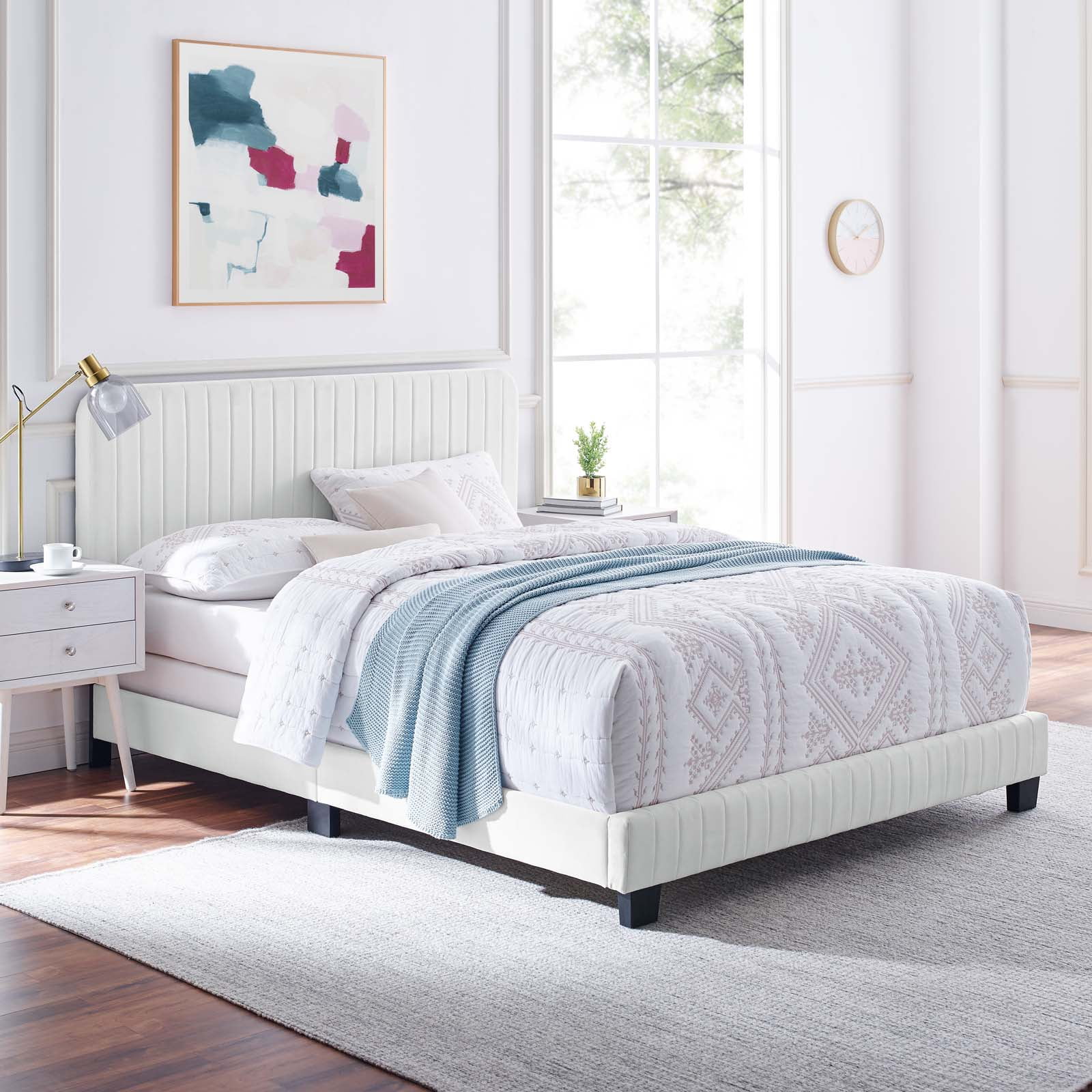 Tufted Platform Bed Frame, Queen Size, Velvet, White, Modern Contemporary Urban Design, Bedroom Master Guest Suite