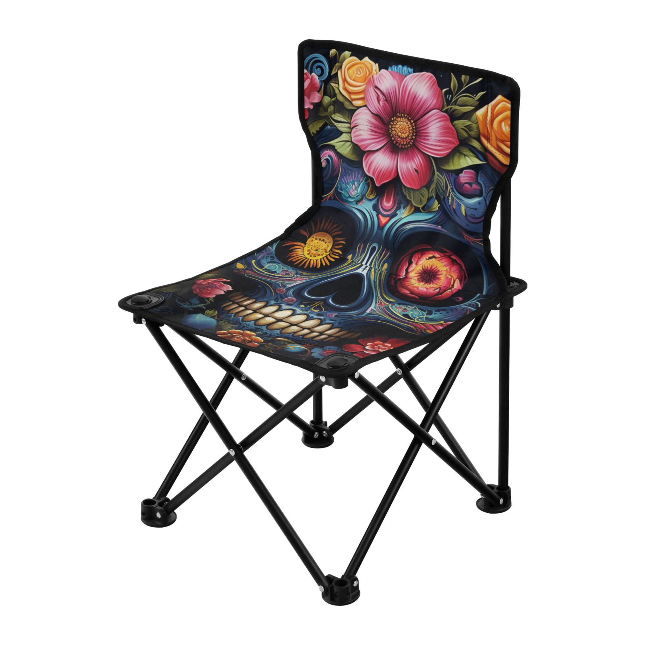 Skull Flower Eyes Colorful Portable Camping Chair Outdoor Folding Beach Chair Fishing Chair Lawn Chair with Carry Bag Support to 220LBS