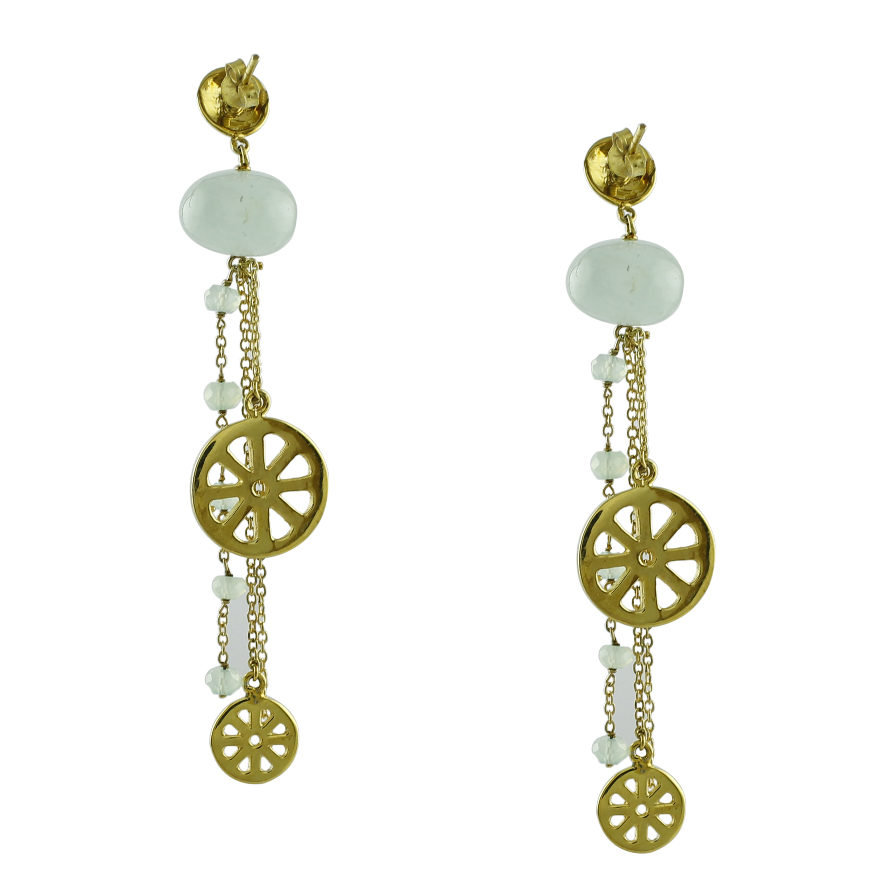 Milky Aqua Oval Ball Shape Gemstone Jewelry 18K Yellow Gold Drop Dangle Earrings For Women