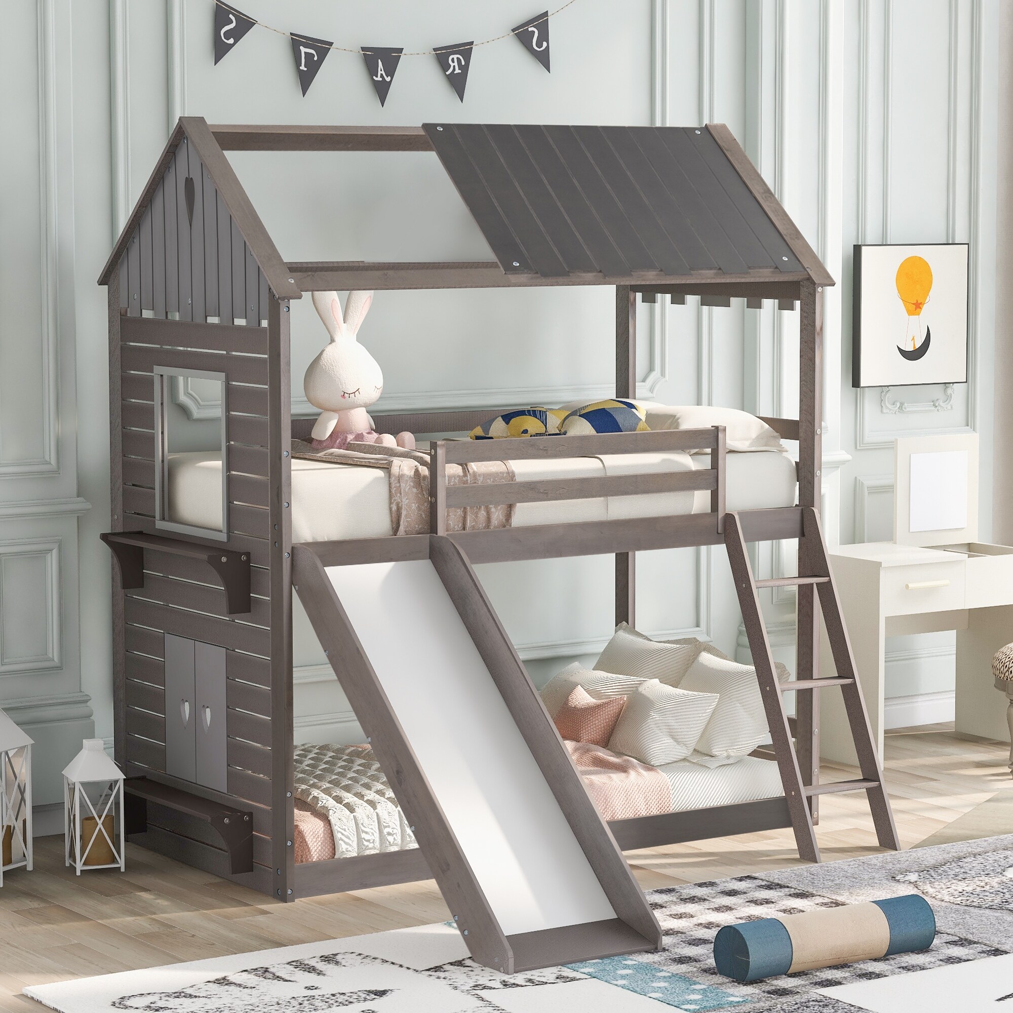Nestfair  Twin Over Twin Bunk Bed Wood Bed with Roof Antique White