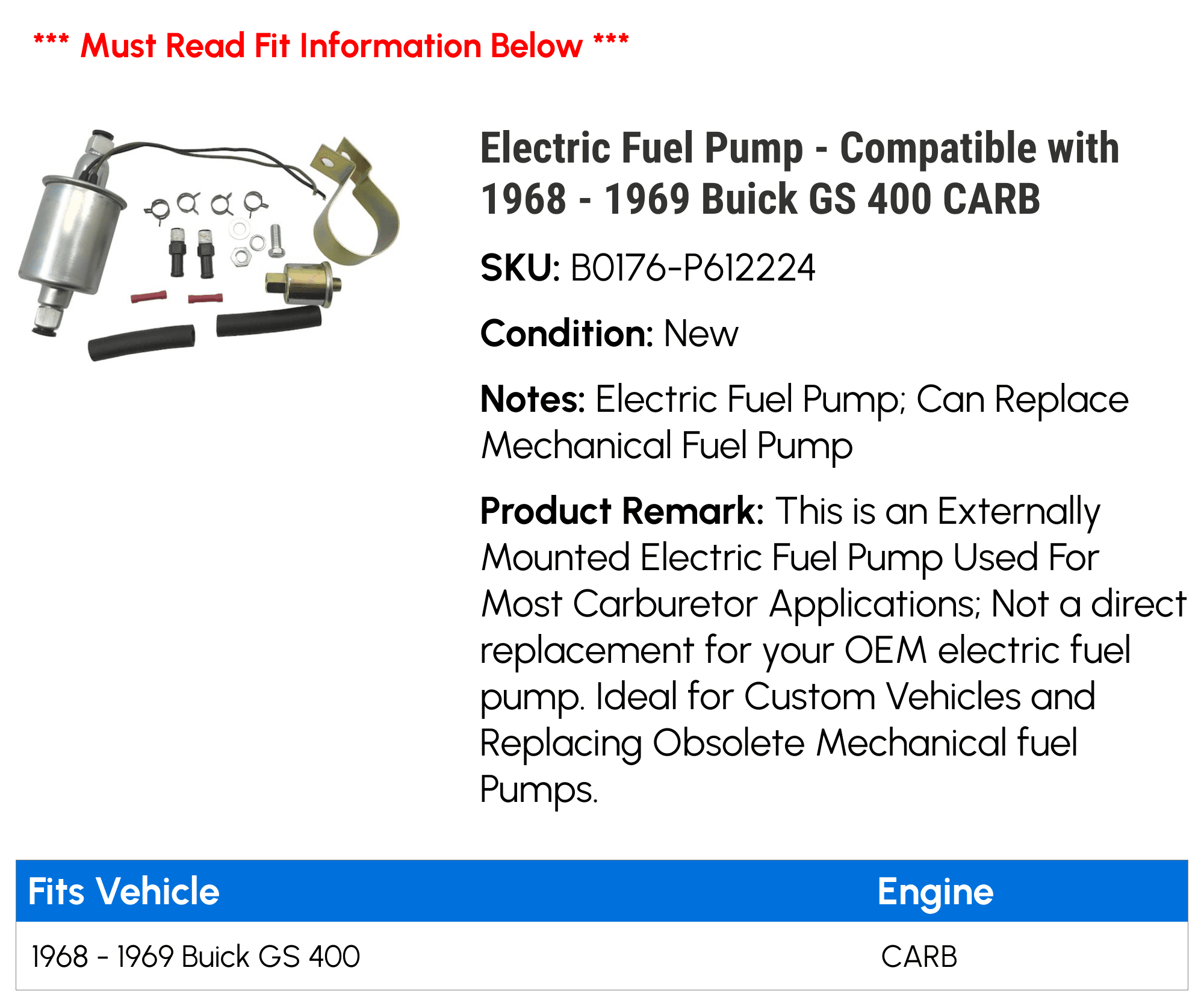 Electric Fuel Pump - Compatible with 1968 - 1969 Buick GS 400 CARB