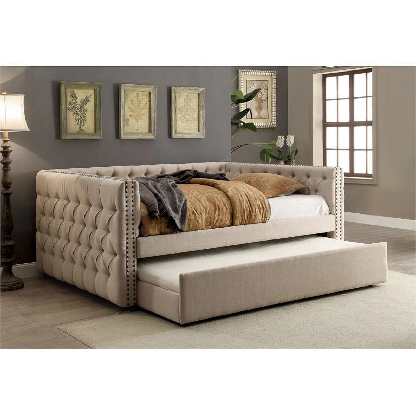 Bowery Hill Contemporary Contemporary Fabric Tufted Full Daybed in Ivory