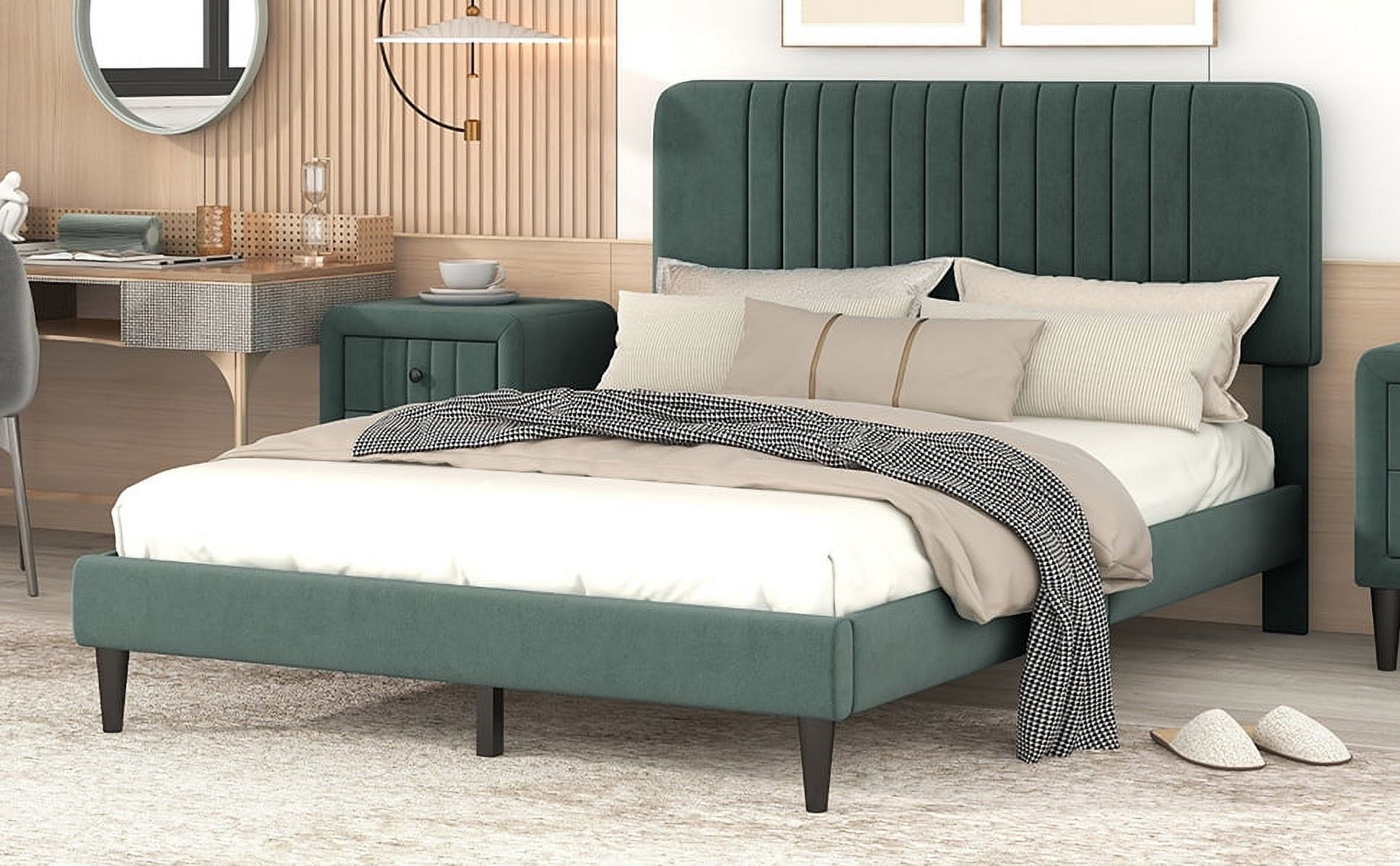 LANTRO JS Full Size Upholstered Platform Bed, No Box Spring Needed, Velvet Fabric, Green