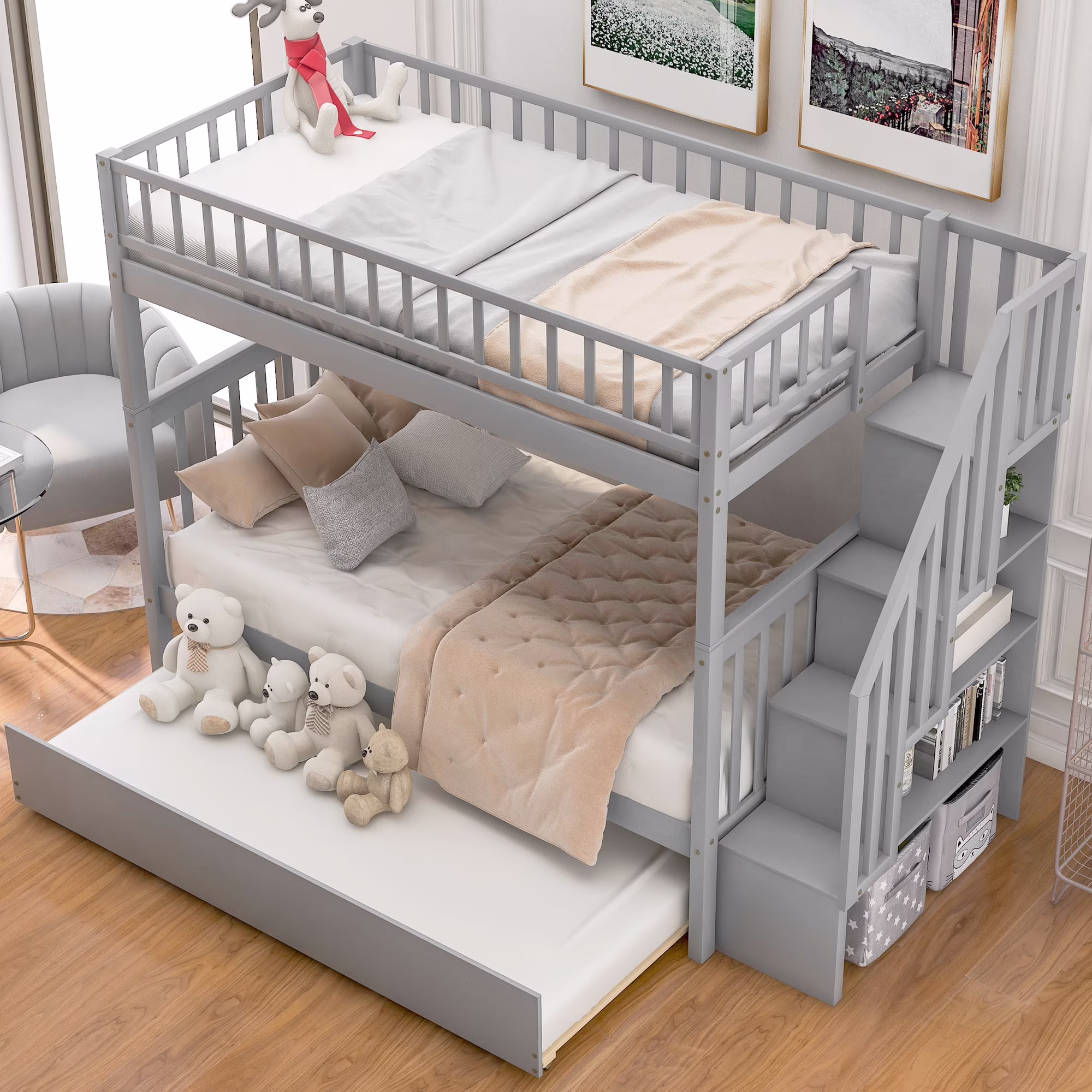 Stairway Bunk Beds Twin Over Twin with 4 Storage Shelves in The Steps and a Twin Trundle Teens Bedroom, Guest Room Furniture