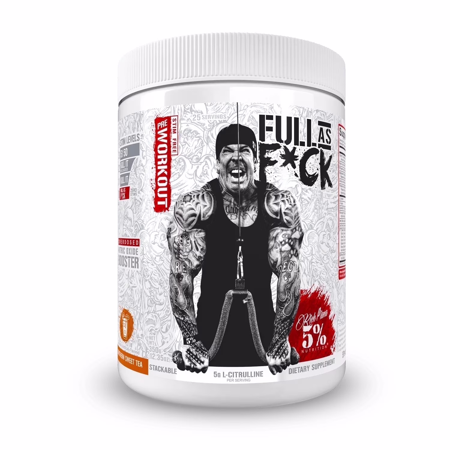 5% Nutrition Rich Piana FasF Overdosed Nitric Oxide Booster, Stim-Free Pump Pre-Workout | Massive Pumps, Strength Gains & Endurance | L-Citrulline, Nitrosigine, Danshen | 13.23 oz (Southern Sweet Tea)
