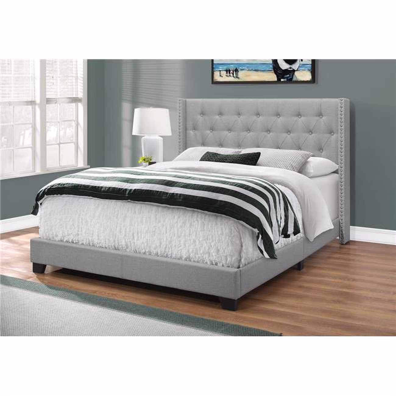 49.75 in. Grey Foam, Solid Wood, MDF & Linen Queen Size Bed with a Chrome Trim