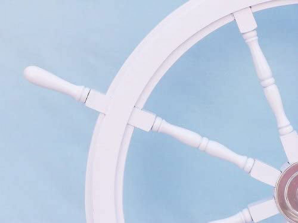 Hampton Nautical Deluxe Class White Wood and Chrome Decorative Ship Steering Wheel 48