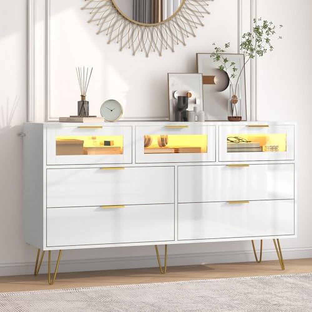NLIBOOMLife Dresser with 7 Drawers  Chest of 7 Drawers with LED Lights  55" Long Dresser Modern White Dresser for Bedroom  Large Wood Dresser for Hallway  Entryway- High Gloss White &