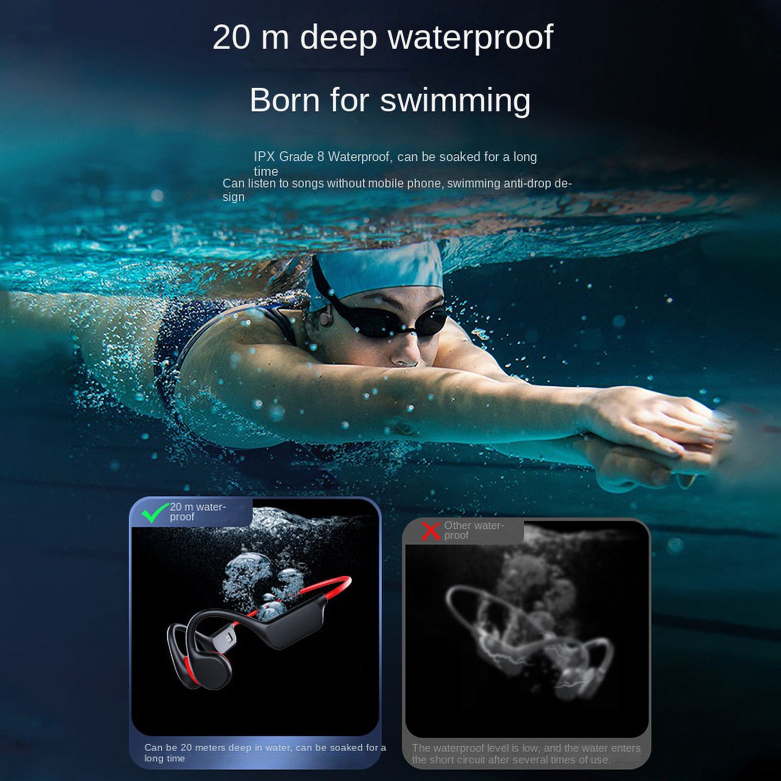 JUND Bone Conduction Headphones, Open Ear Wireless Bluetooth professional IPX8 Waterproof Swimming Headphones Built in 32GB Memory MP3 Player with Mic & Voice Control for Running and Swimming