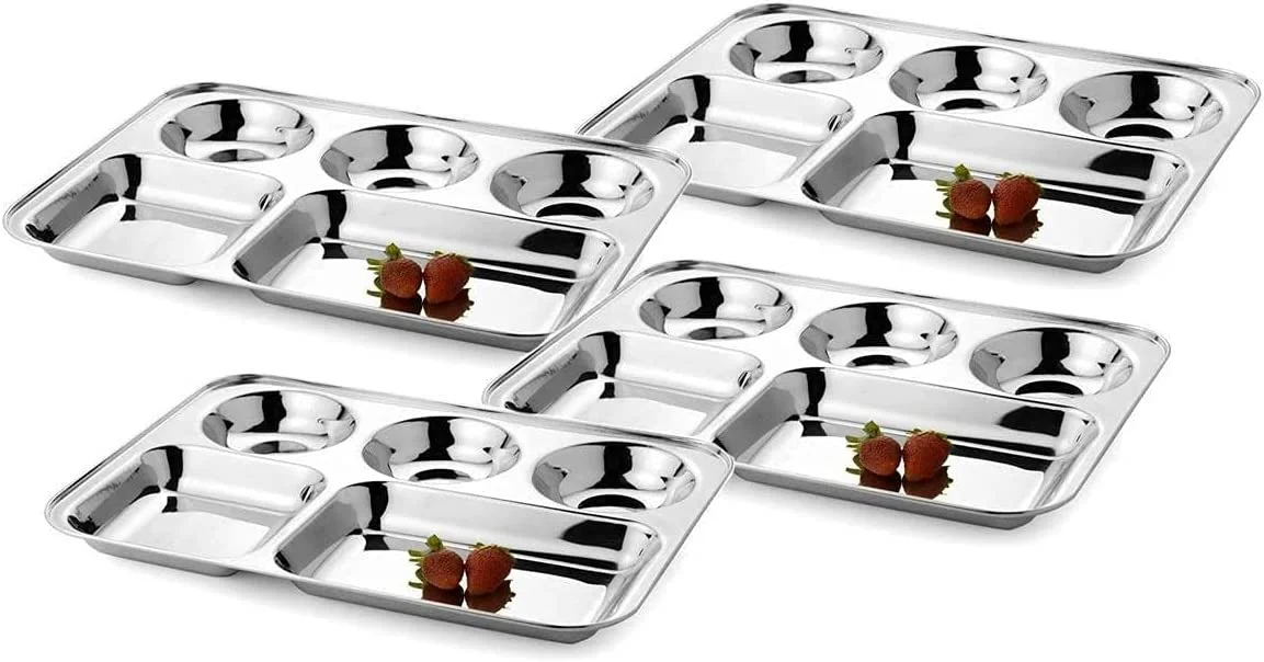 WhopperIndia Stainless Steel 5 Compartment Plate, Mess Tray, Dinner Plate, camping thali, restaurant thali, serving plate, Set of 6 pcs- 13 inch, (Silver)