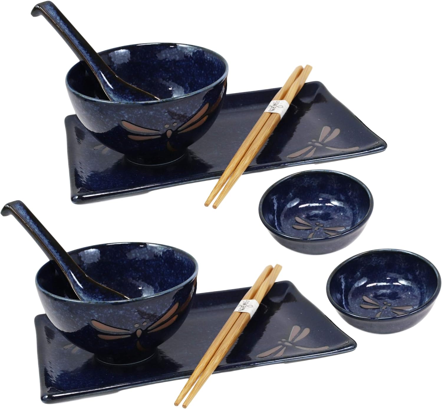 Japanese Mino Ware Tombo Dragonfly Blue Porcelain Sushi Dinnerware 10Pc Set For 2 People Pairs Of Sushi Plates Soup  Sauce Bowls Bamboo Chopsticks Asian Soup Spoons Housewarming