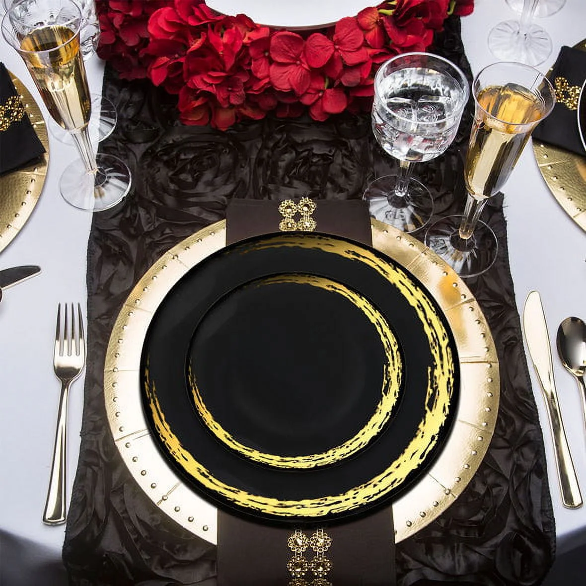 Smarty Black with Gold Moonlight Round Plastic Dinnerware Value Set 240 ct