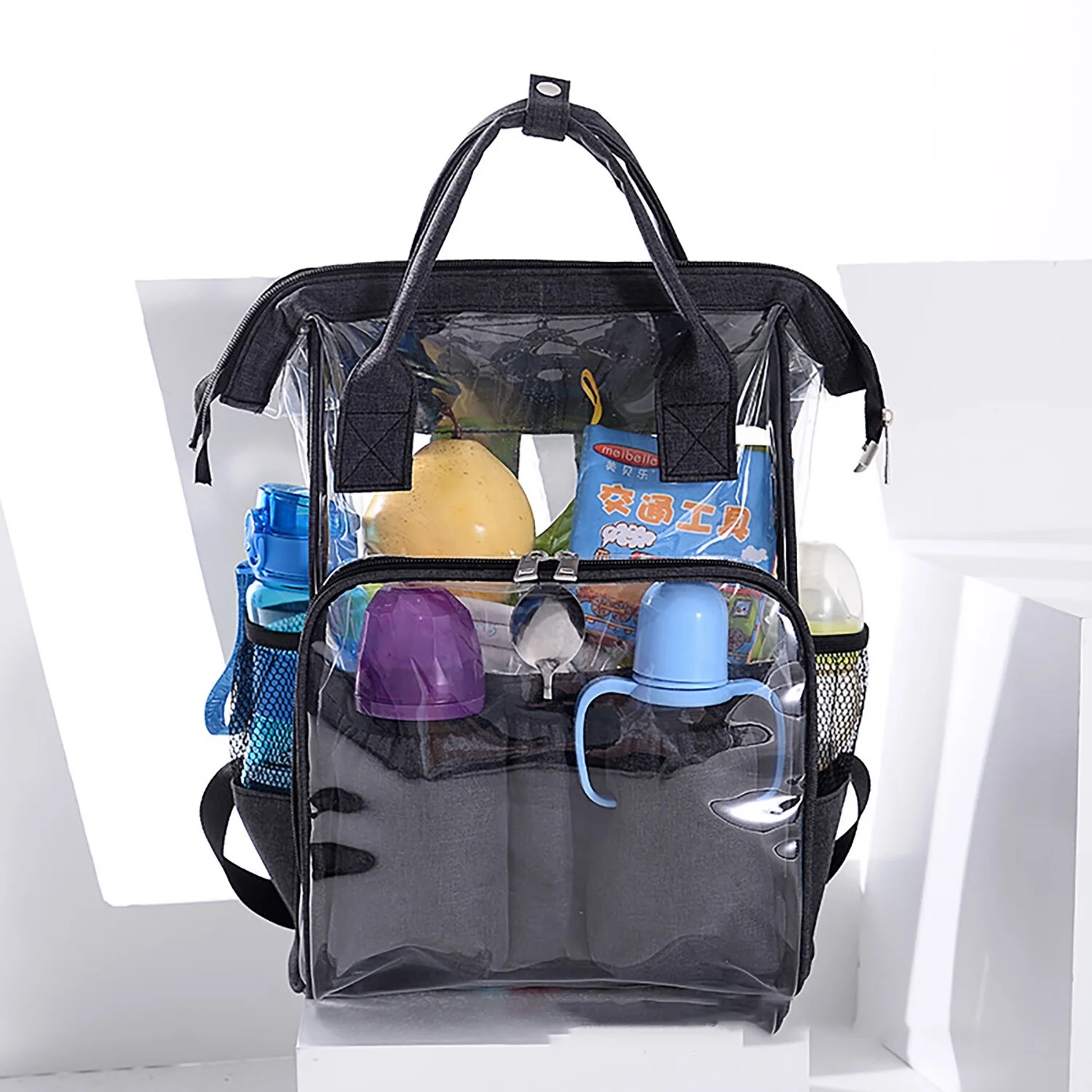 OLOEY Large-Capacity PVC Transparent Diaper Bag, Multi-Functional Waterproof Transparent Mother And Baby Bag, With Independent Bottle Insulation Bag (Black)