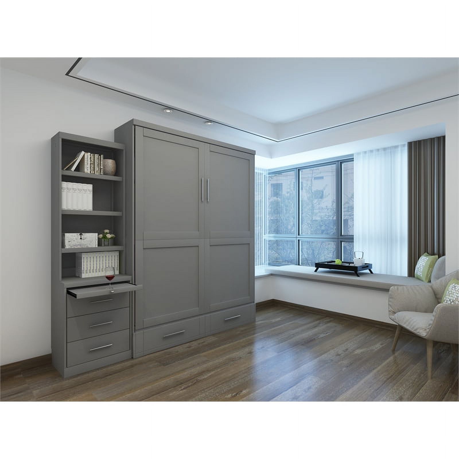 RoomAndLoft Queen Wood Murphy Wall Bed & Shelf Storage with Drawers in Gray
