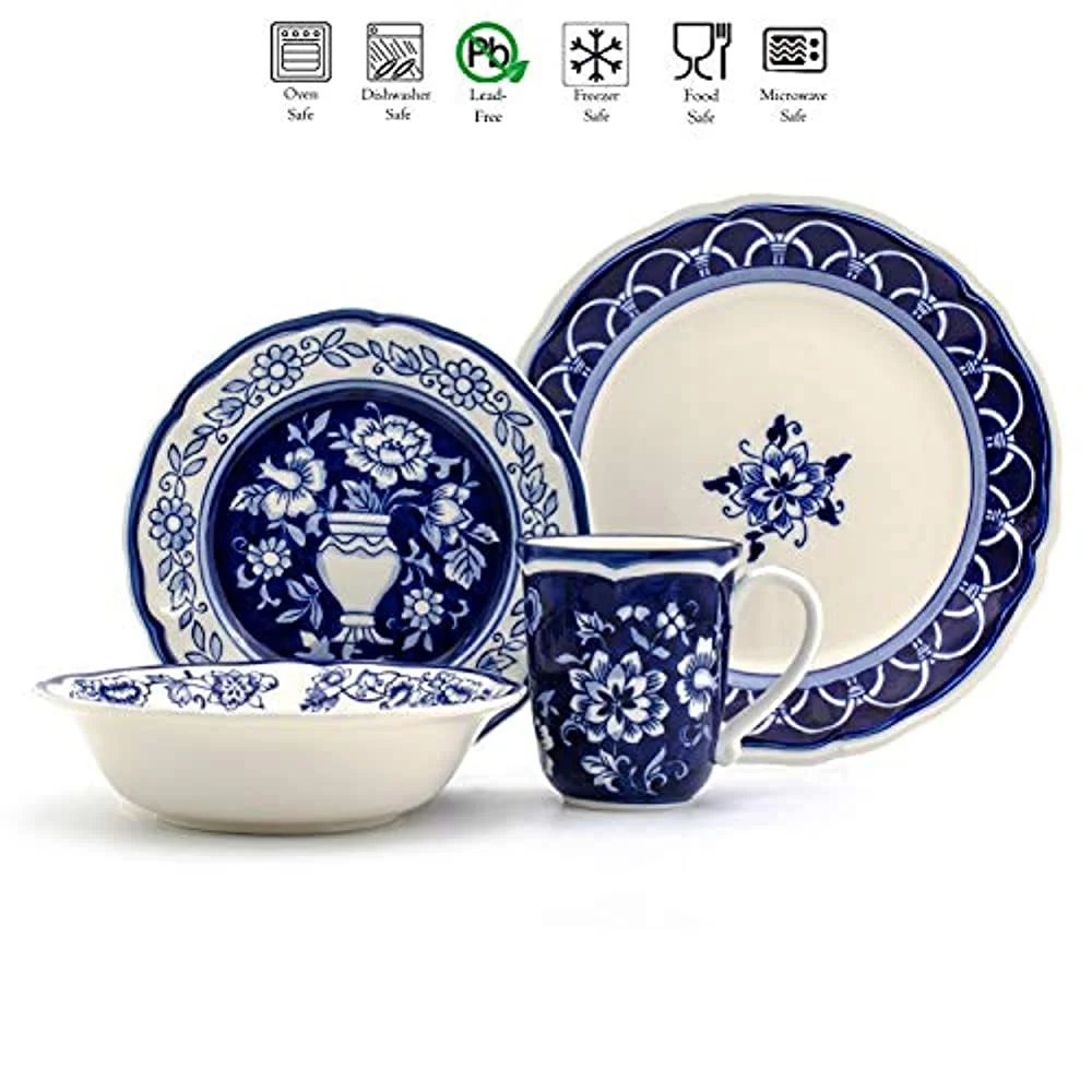 Euro Ceramica BGN-1001-DS Blue Garden Dinnerware Set, 16Piece, White