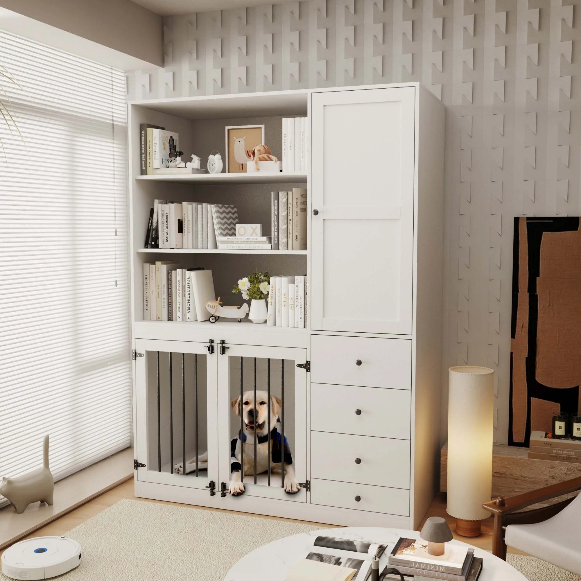 Indoor Dog Crate Furniture with Shelves & Drawers & Dog Bowl, 70.9