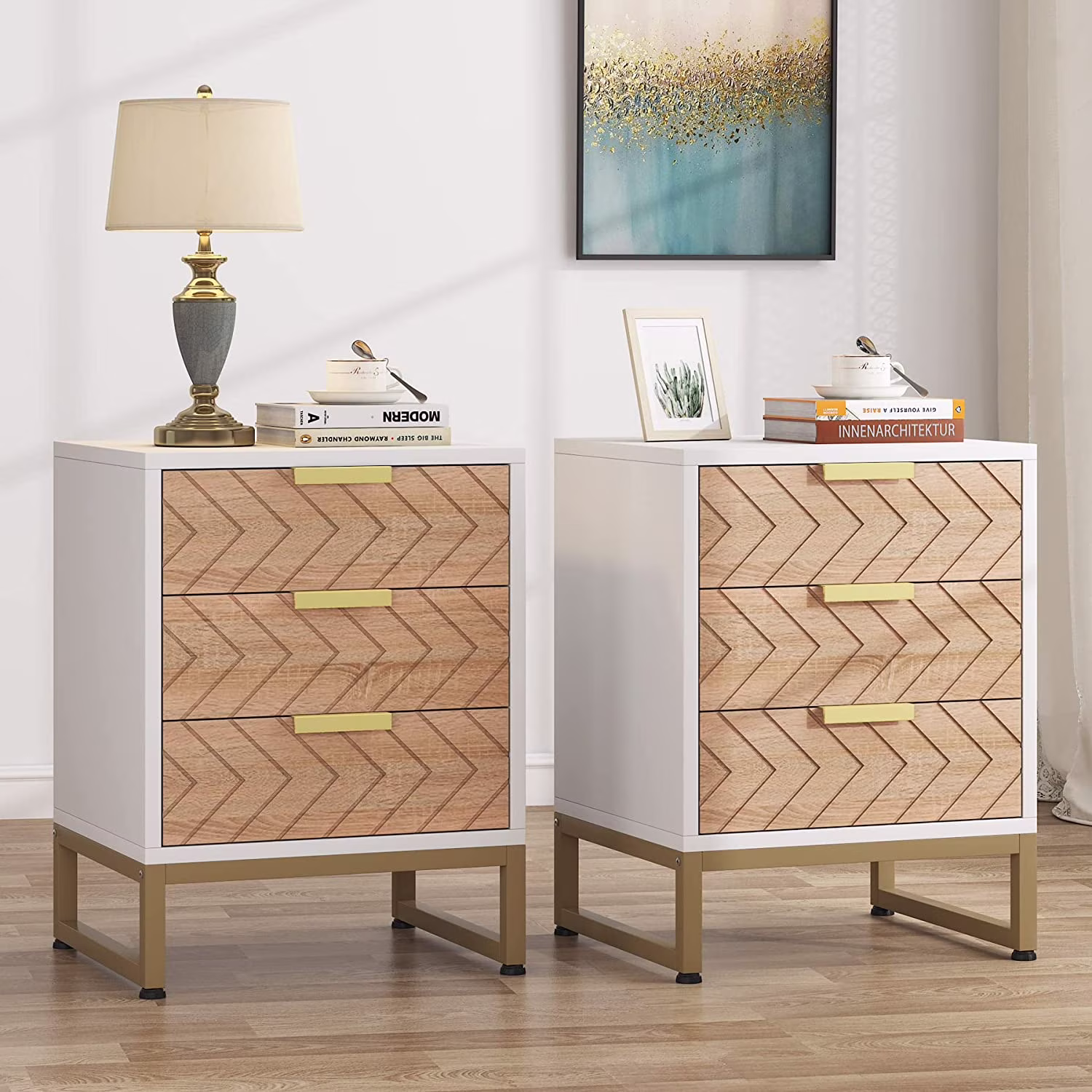 Tribesigns Nightstand Set of 2, Modern 3 Drawers Bedside Table with Unique Zig Zag Design, White Gold Side End Table for Bedroom Living Room