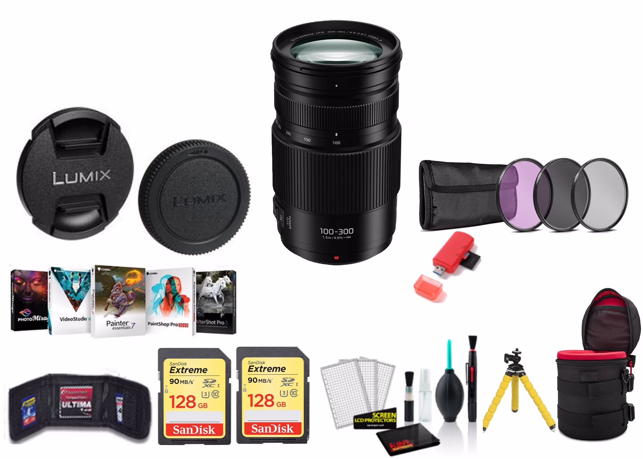 Panasonic Lumix G Vario 100-300mm f/4-5.6 II POWER O.I.S. Telephoto Zoom Lens - Bundle with 2x 128G Memory Card, Editing Software and More (International Model)