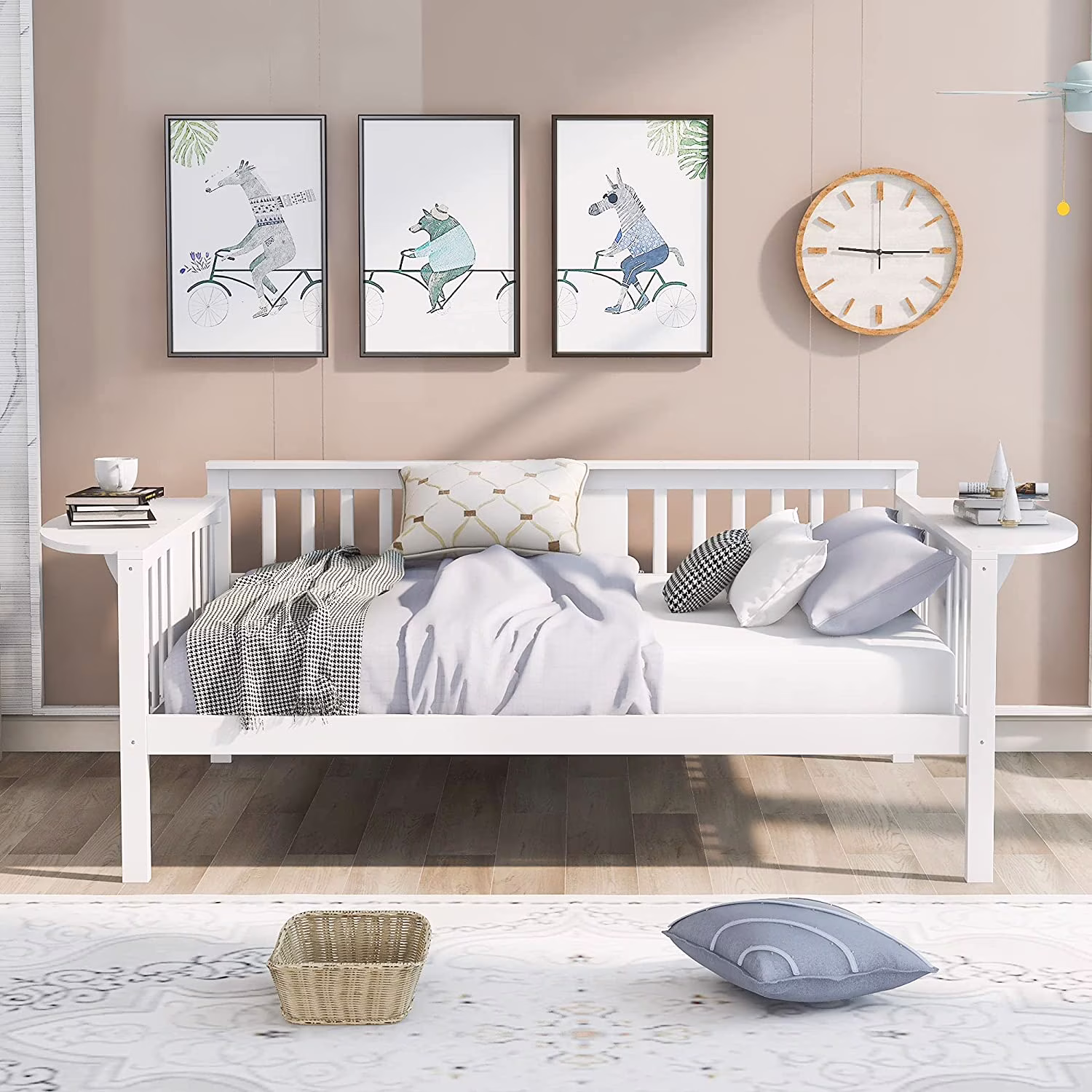 Full Size Solid Wood Daybed Full Size Bed Frame Mulifuncional Sofa Bed For Bedroom Living Room,Whie