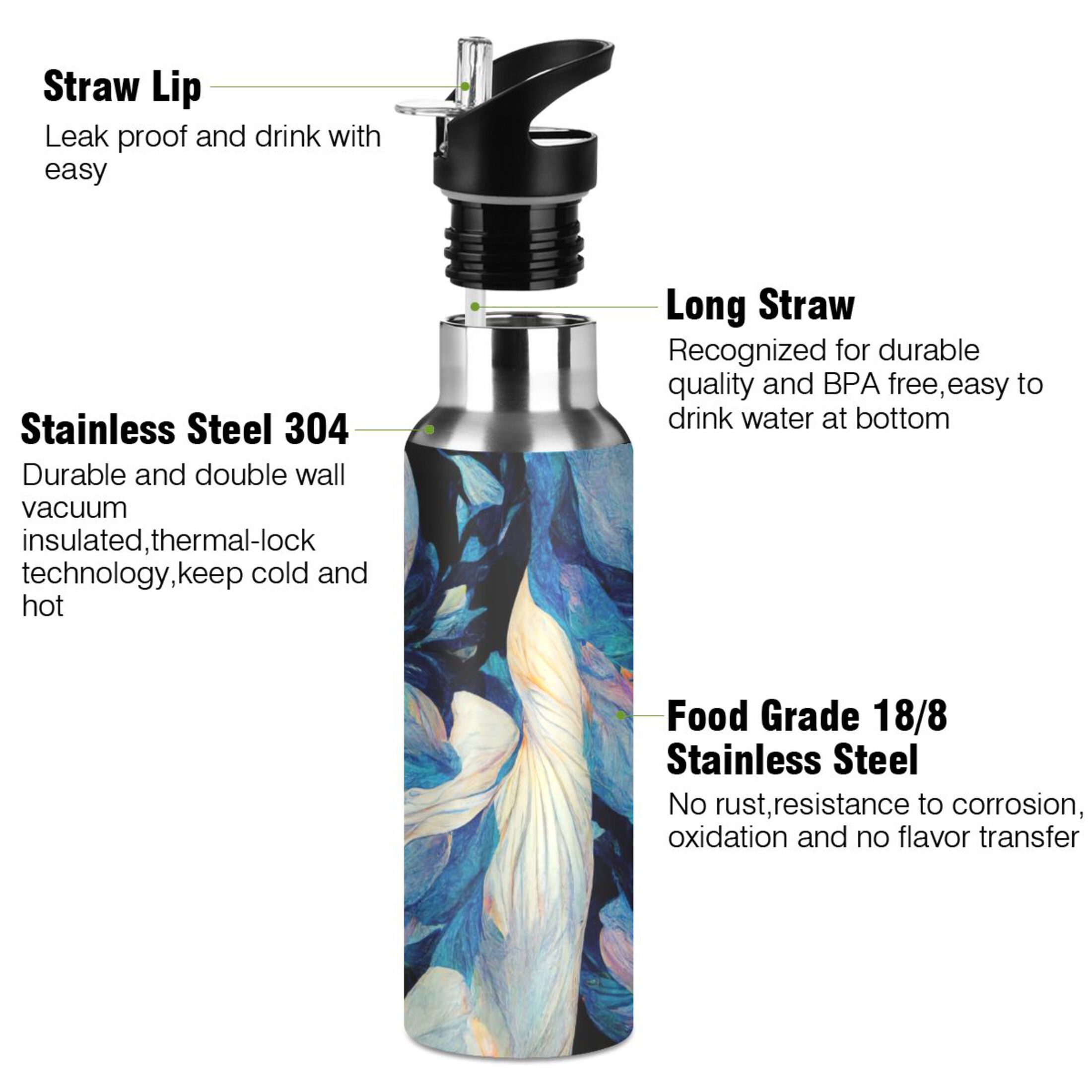 Stainless Steel Water Bottle Abstract Art Flower with Straw Lid Vacuum Insulated Leak Proof Flask Jug for Gym Travel Sports Cycling Outdoor 20 OZ