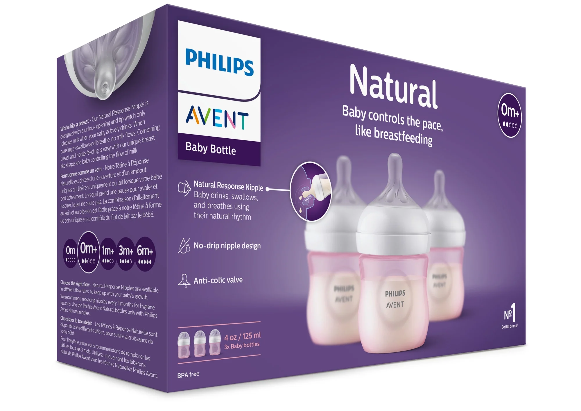 Philips Avent Natural Baby Bottle with Natural Response Nipple, Pink, 4oz,3pk, SCY900/13